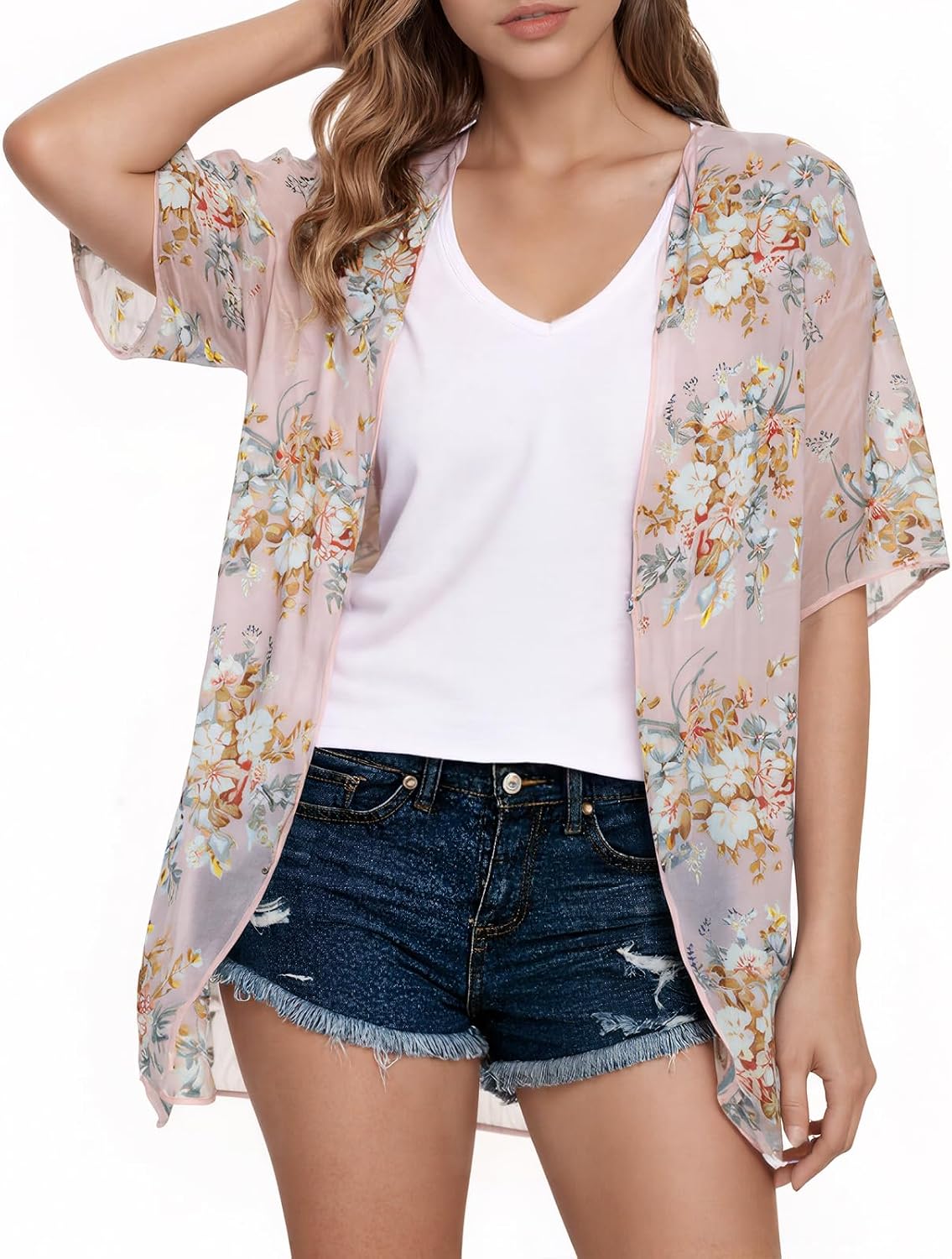 EGSDMNVSQ Cardigan Lungo da Donna Cardigan Kimono Floreale Summer Boho Cardigan Manica 3/4 Beach Cover Up Bikini Scialle Camicetta Top