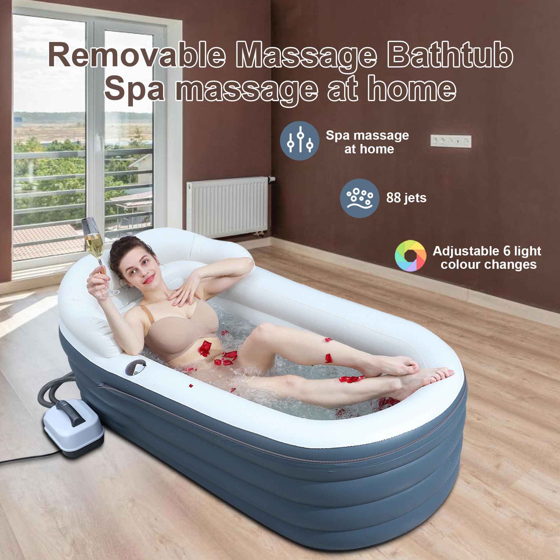 Inflatable Bathtub Bubble Massage Mat, Portable Adult Spa Bathtub, All-in-one Wavemaker and Air Pump, Adjustable Bubble Settings - Includes Remote Control, Inflatable Backrest and Atmosphere Lighting