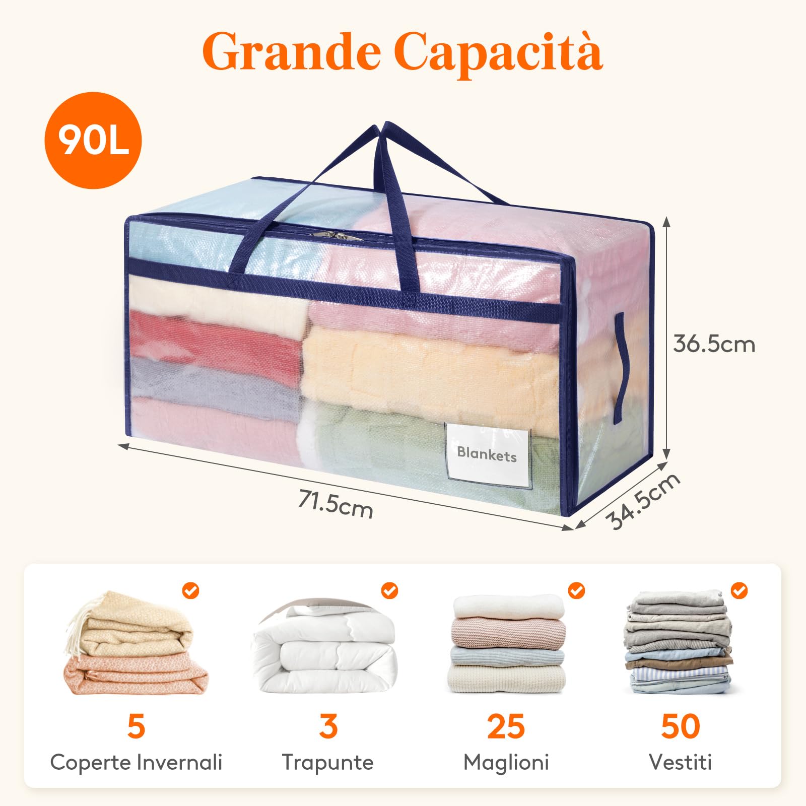 Lifewit Set di 4 Grandi Scatole per Armadio 90 L, Borse Trasloco con Manici, Contenitore Pieghevole per Piumoni, Coperte, Vestiti, Trasparente