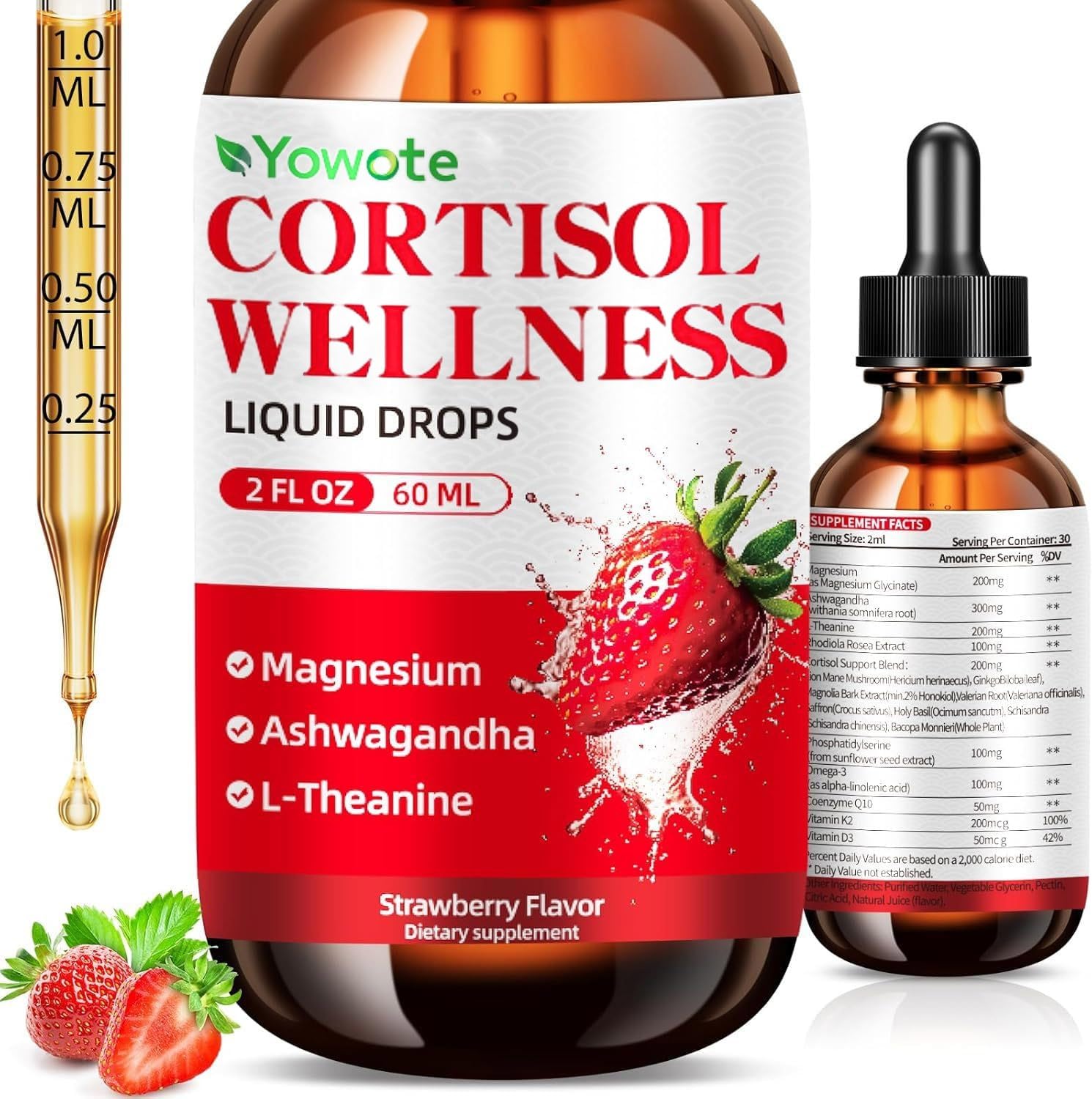 Cortisol Support Supplements for Men and Women, Cortisol Detox Hormone Balance with Magnesium, Ashwagandha, L-theanine, Phosphatidylserine for Lower Cortisol, Calm, Mood Support (60ML, strawberry)