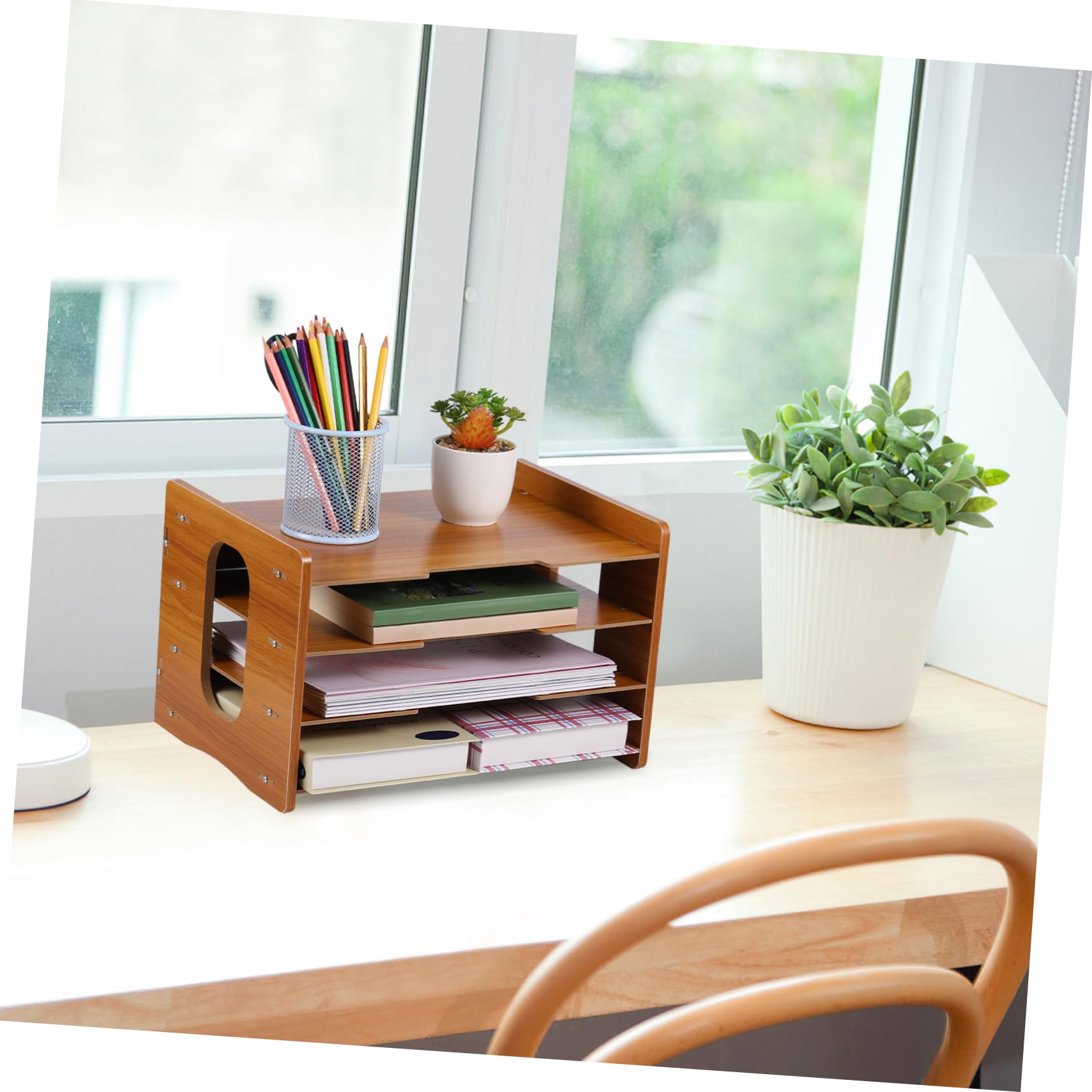DOITOOL Organizador de Bandejas de Papel de 4 Capas en Madera | Diseño Vertical Marco, Estructura de Clasificación, Estable y Compacto para Escritorio y Hogar