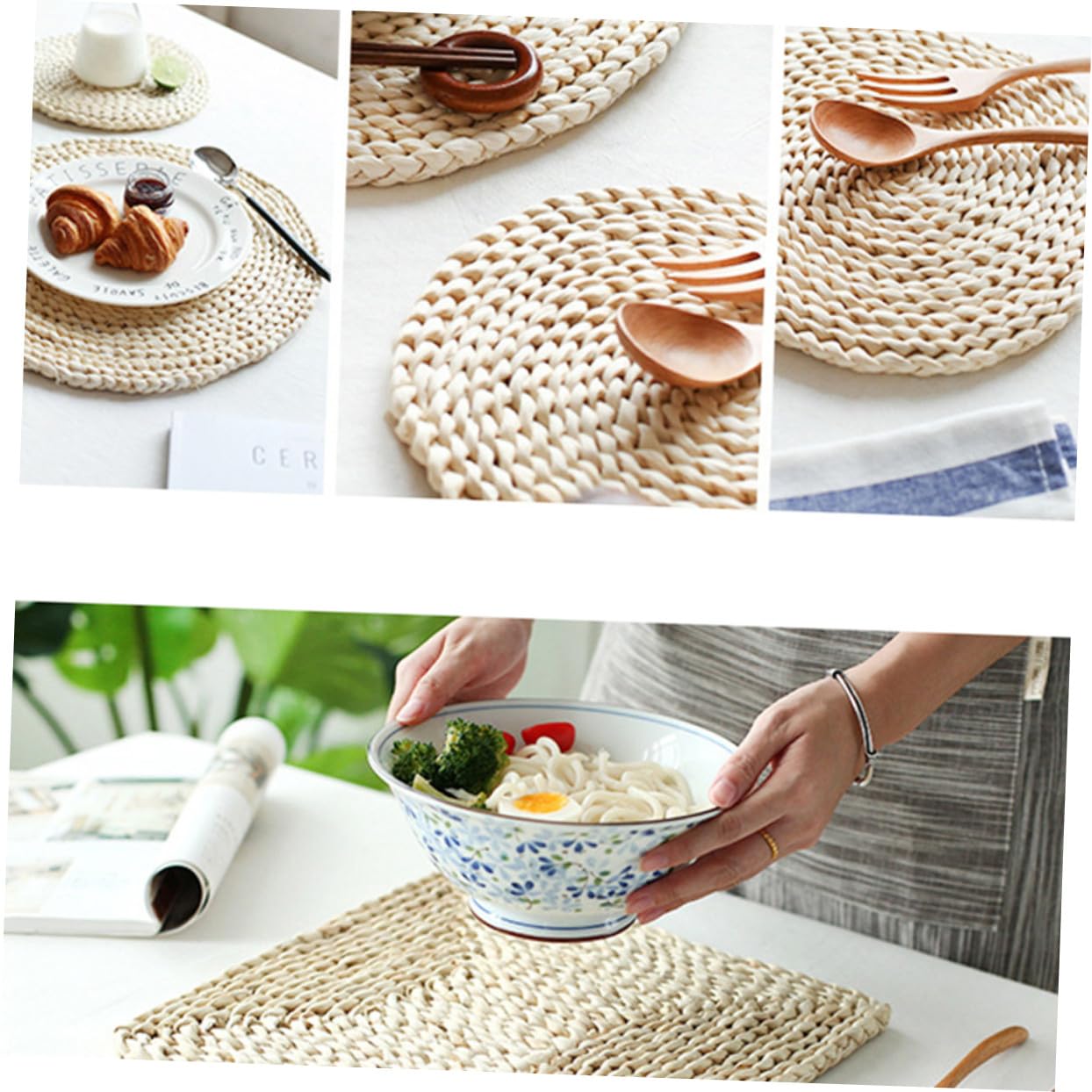 8 pièces Set de Dessous Plats Ronds Paille Naturelle Épais et Isolants Thermiques Protège Table pour Tasses Bols Assiettes Beige de Chaque