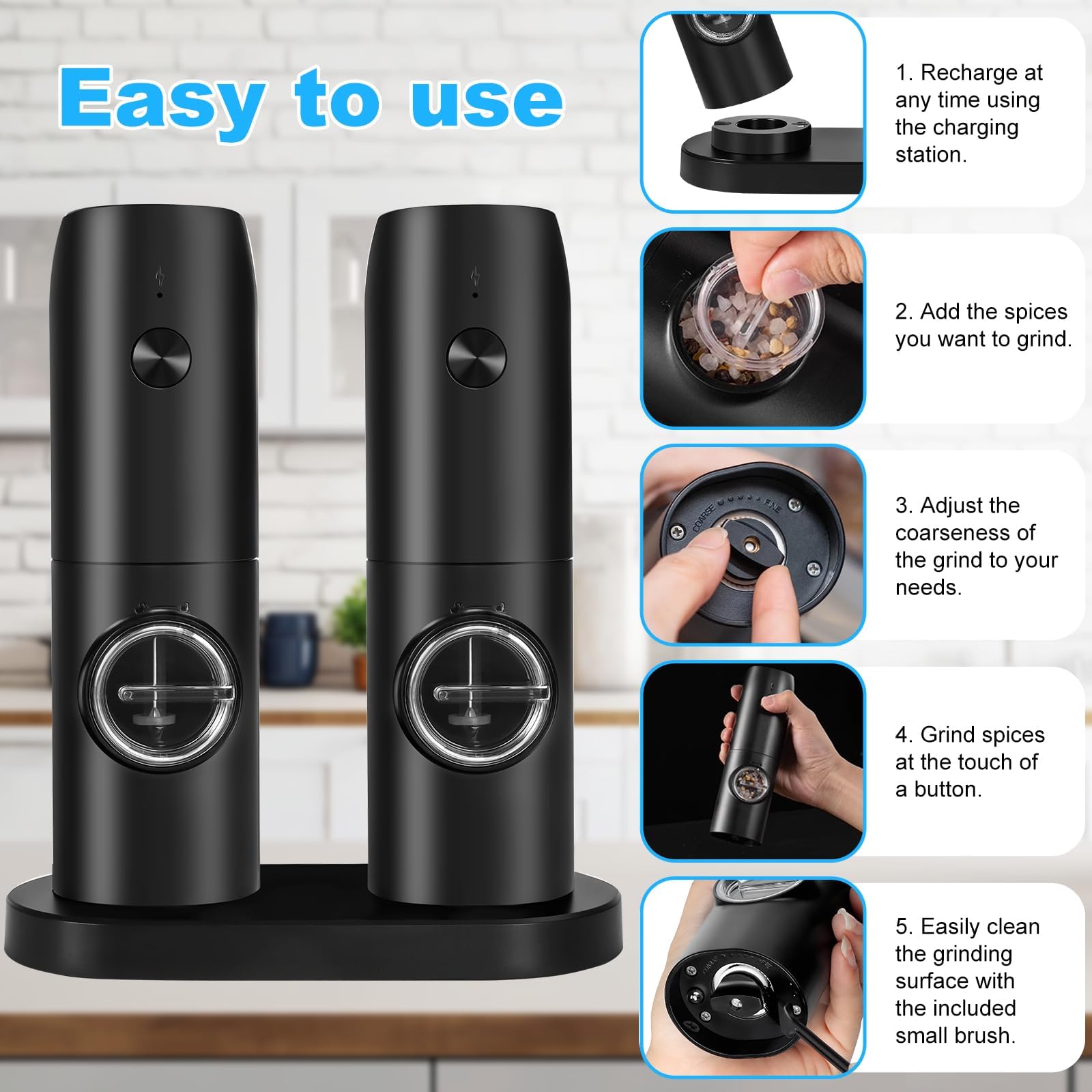 UCAMP Moulin à Sel et Poivre Électrique, Base Rechargeable, Grossièreté Réglable, Lampe LED