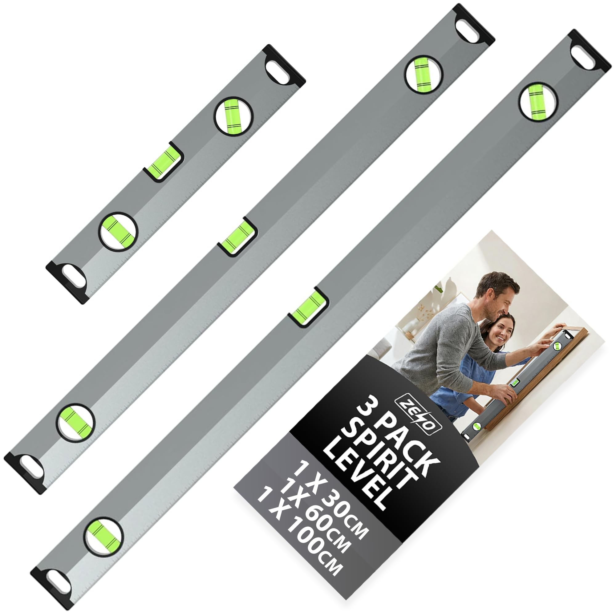 ZENO Spirit Level 3 Set | Shock Proof Spirit Level Set | Torpedo Level with Magnetic Base | 3 Bubbles 45° 90° 180° | Silver | 300mm, 600mm, 1000mm