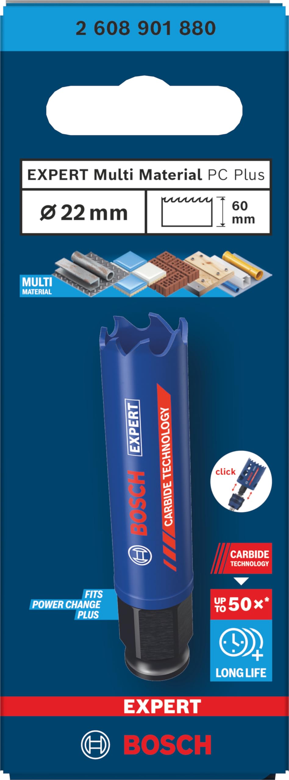 Bosch 1x Sega a tazza EXPERT Multi Material Power Change Plus (per Legno con metallo, Mattone, Ø 22 mm, Professional Accessorio Trapanoi)