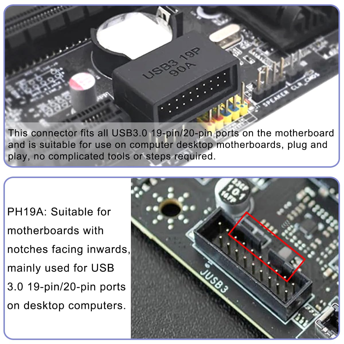 2 szt. Płyta główna USB 3.0 19/20 Pin 90 Degree Adapter, męski do żeńskiego typu L Turn Right Angle Socket Extension Adapter, do płyty głównej komputera stacjonarnego (Header Up Angle PH19A)