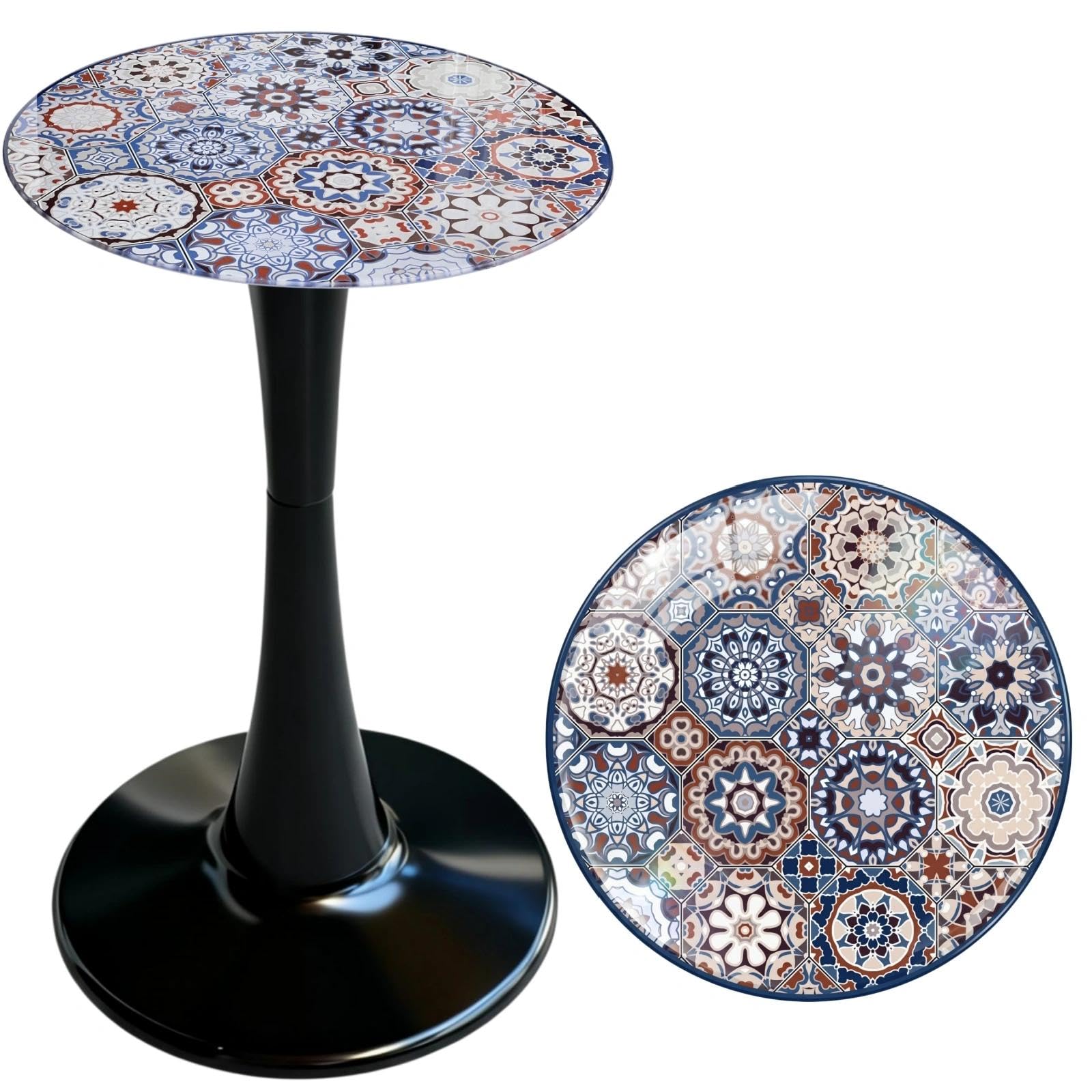 Simmer Stone Boho Printed Tempered Glass Top 13.4" Round Outdoor Side Table,Deck,Waterproof & Rust-Proof Metal Base, Small Patio Bistro Table Plant Stand Balcony, Garden (Bohemia)