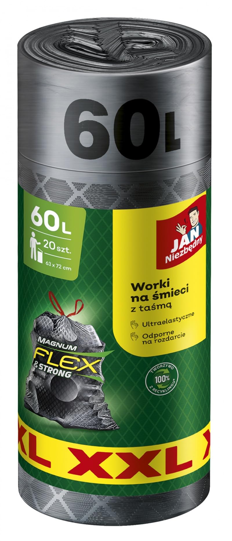 JAN NIEZBĘDNY Magnum Flex Rubbish Bags with Adhesive Tape/For Home/Office/Work/Recycled/Durable/Tear-Resistant/Innovative Technology/3 Layers/35 Litres/30 Pieces - 1 Roll/Grey
