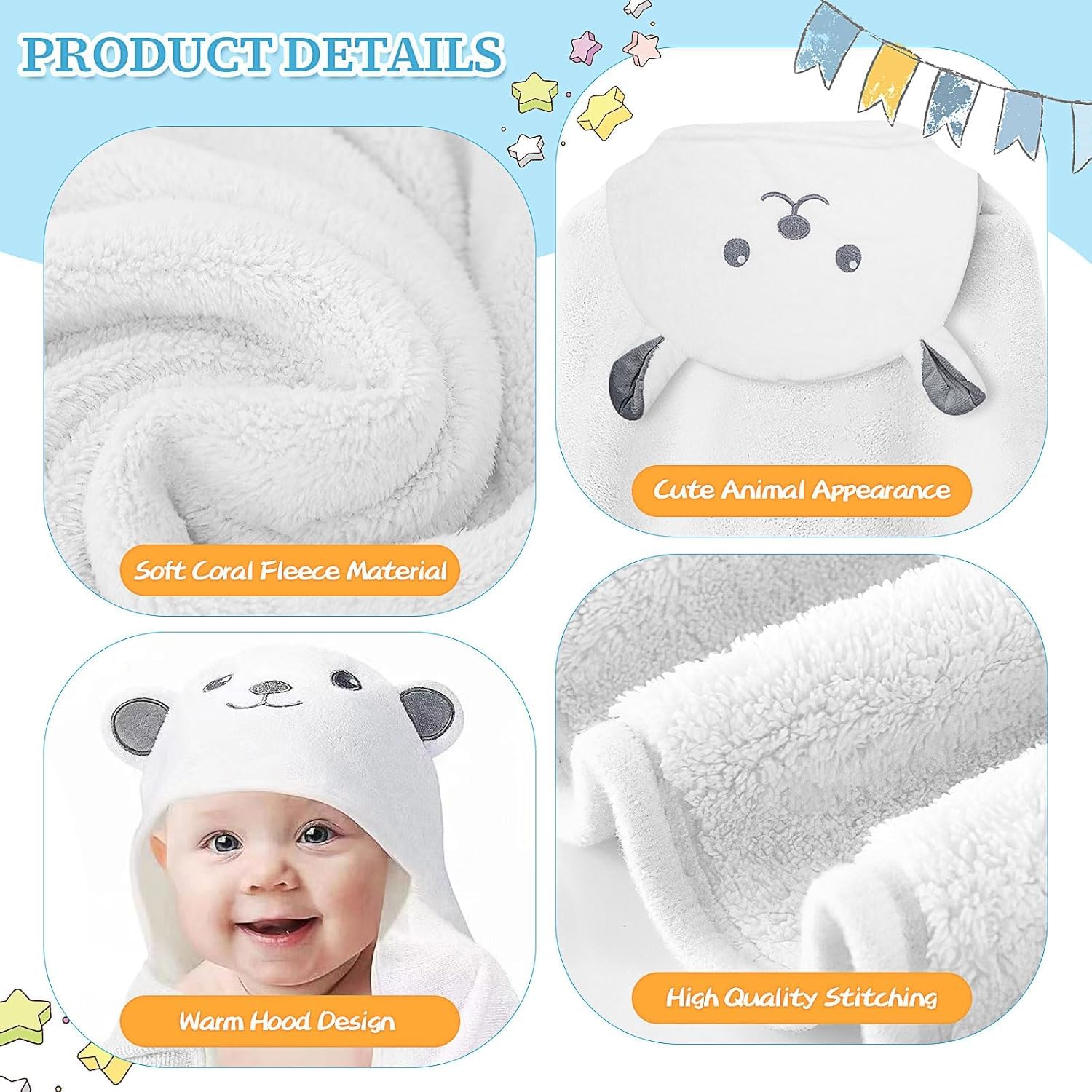 MSYU 4 Pcs Kids Hooded Bath Towel Set 140 x 68 cm Hooded Towel for Kids Large Kid Bath Towel Wrap for 3-10 Kid Boy Girl (Blue - Image 3
