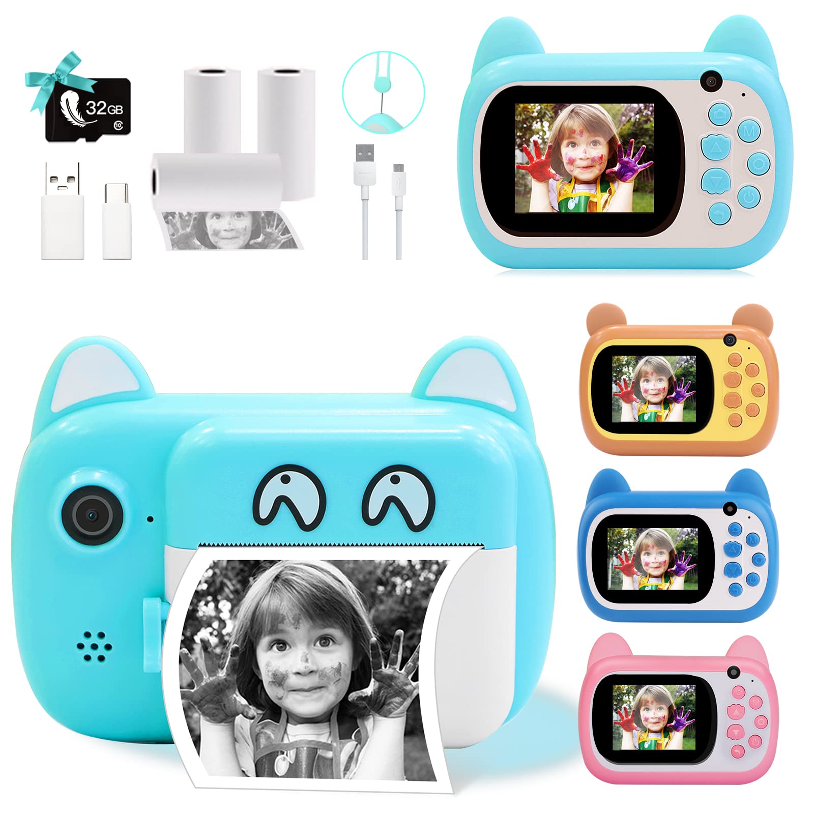 Aomdom Fotocamera Istantanea Per Bambini – Con Schermo 2.4″, Scheda 32GB, Stampa Senza Inchiostro, Giochi E Penne Colorate