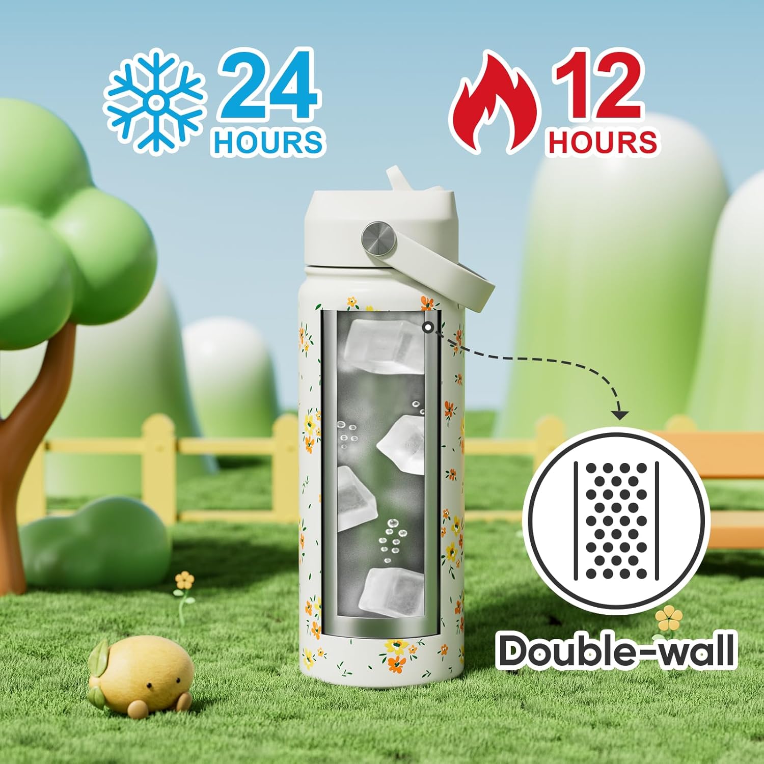 18 oz Water Bottle with Straw, Leak Proof, Insulated Stainless Steel with Handle, Reusable, Metal, Backpack-side Fit (Floral Ivory) - Image 3