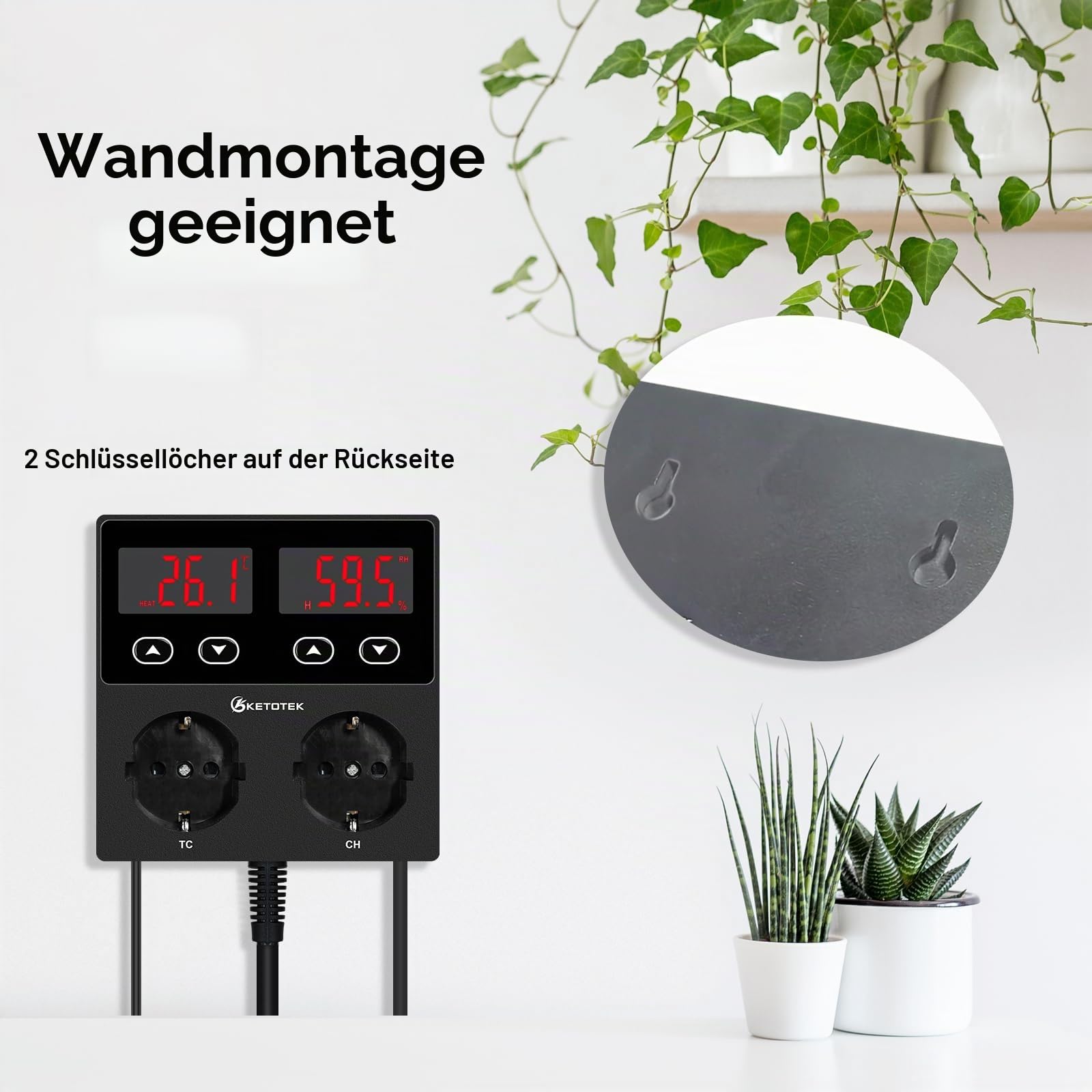 KETOTEK Thermostat Hygrostat Steckdose Digital, Temperaturregler Feuchtigkeitregler Steckdose mit 2 Fühler 230V, Temperatur Feuchtigkeit Regler für Gewächshaus Pilz Terrarium