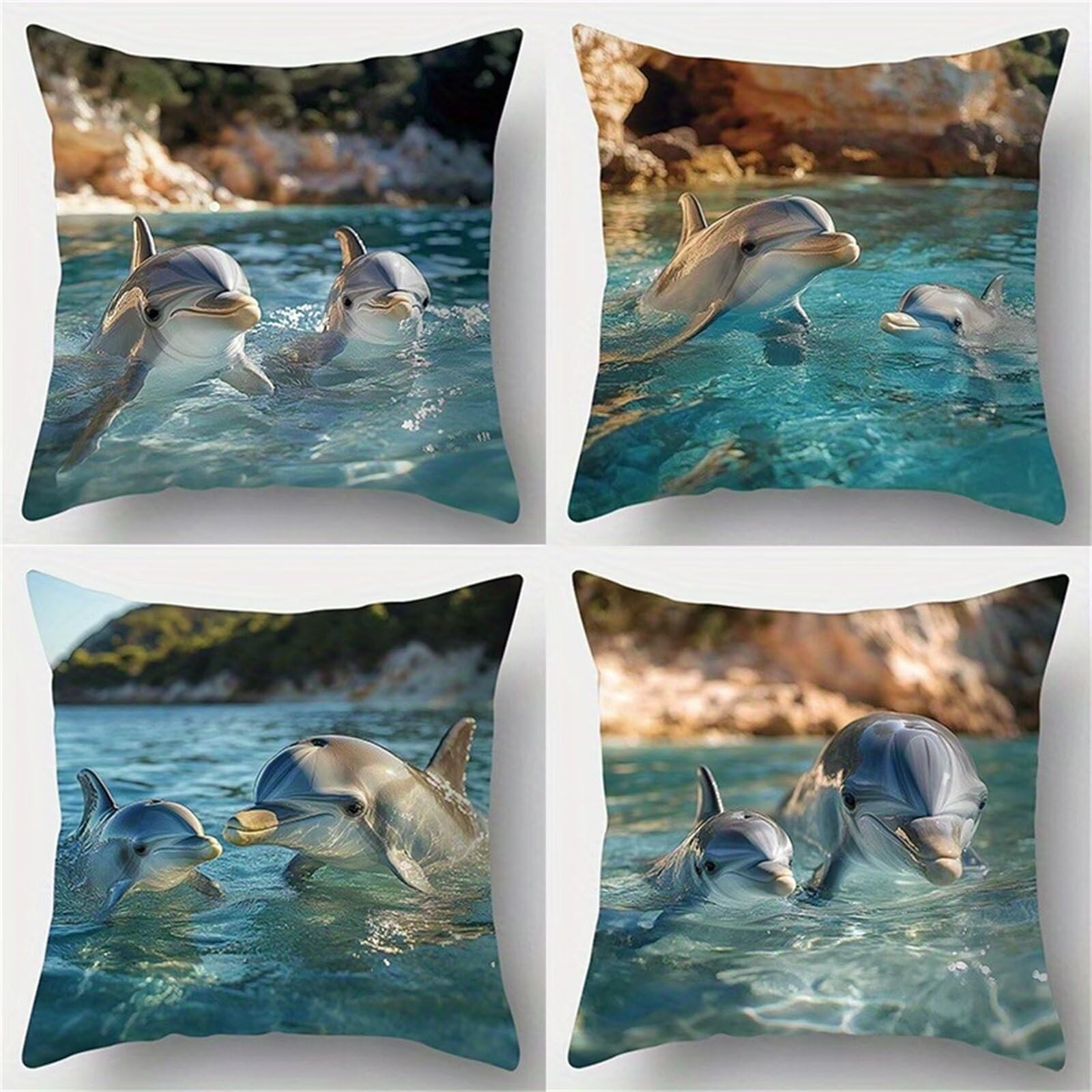 QiHon Cushion Covers 45x45 cm Set of 4 Animals Dolphins Linen Square Pillow Cases 18x18 inch Modern Decorative Throw Pillow Covers for Sofa Couch Bedroom Home Office with Invisible Zipper