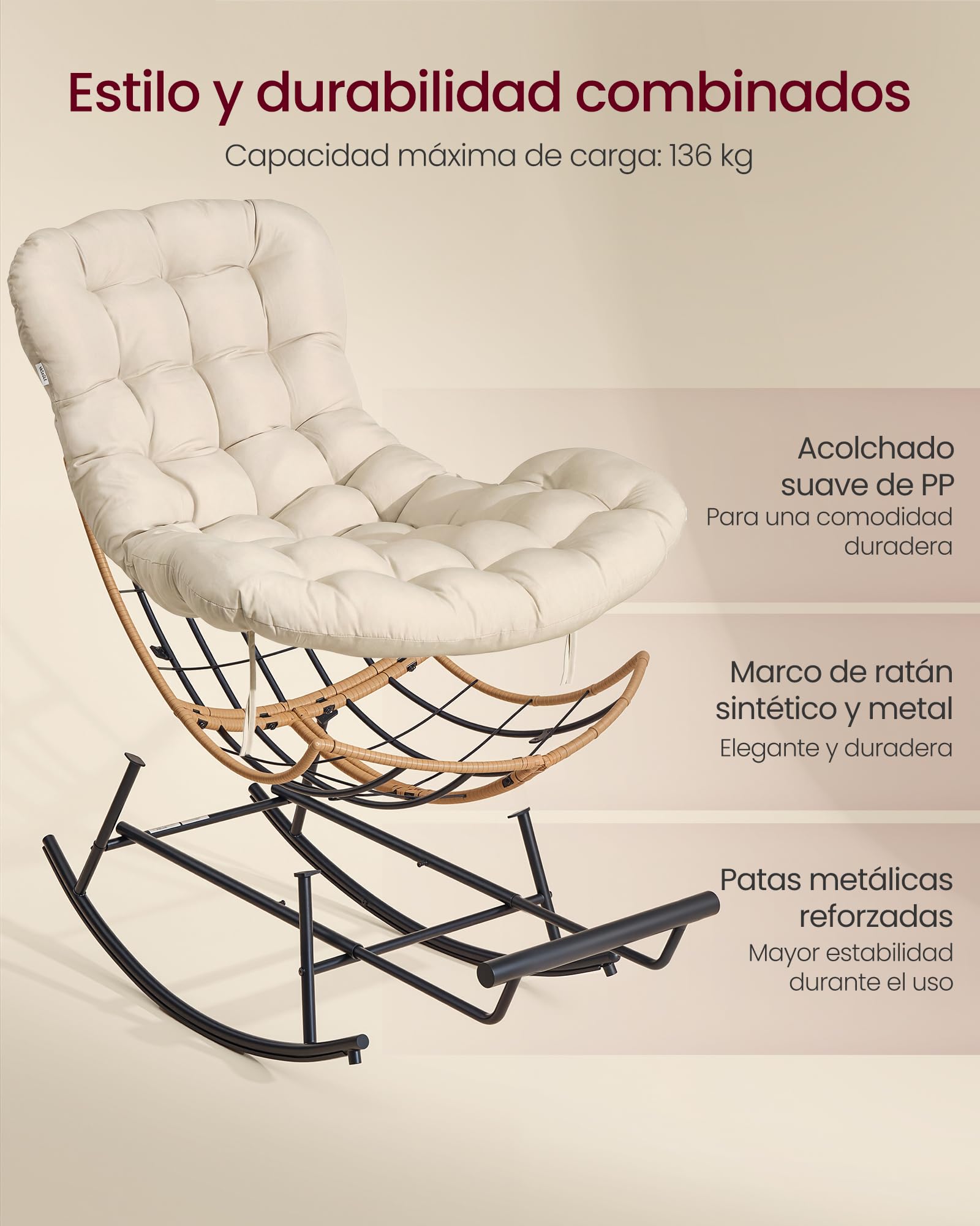 VASAGLE Silla Mecedora, Mecedora con Marco de Acero, Reposapiés Extraíble, Cojín Extraíble, Carga de 136 kg, Dormitorio, Sala de Estar, Terraza, Jardín, Beige LYY062WZ01