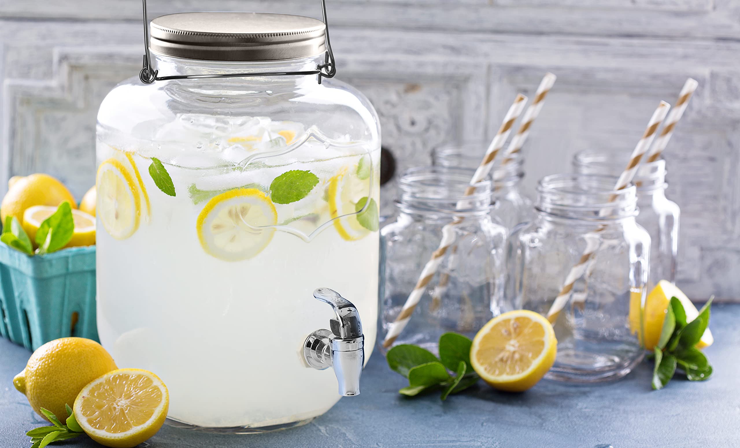 Eternal Living Mason Jar Glass Beverage Dispenser with Jar Mugs and Lids, 5 pcs Set