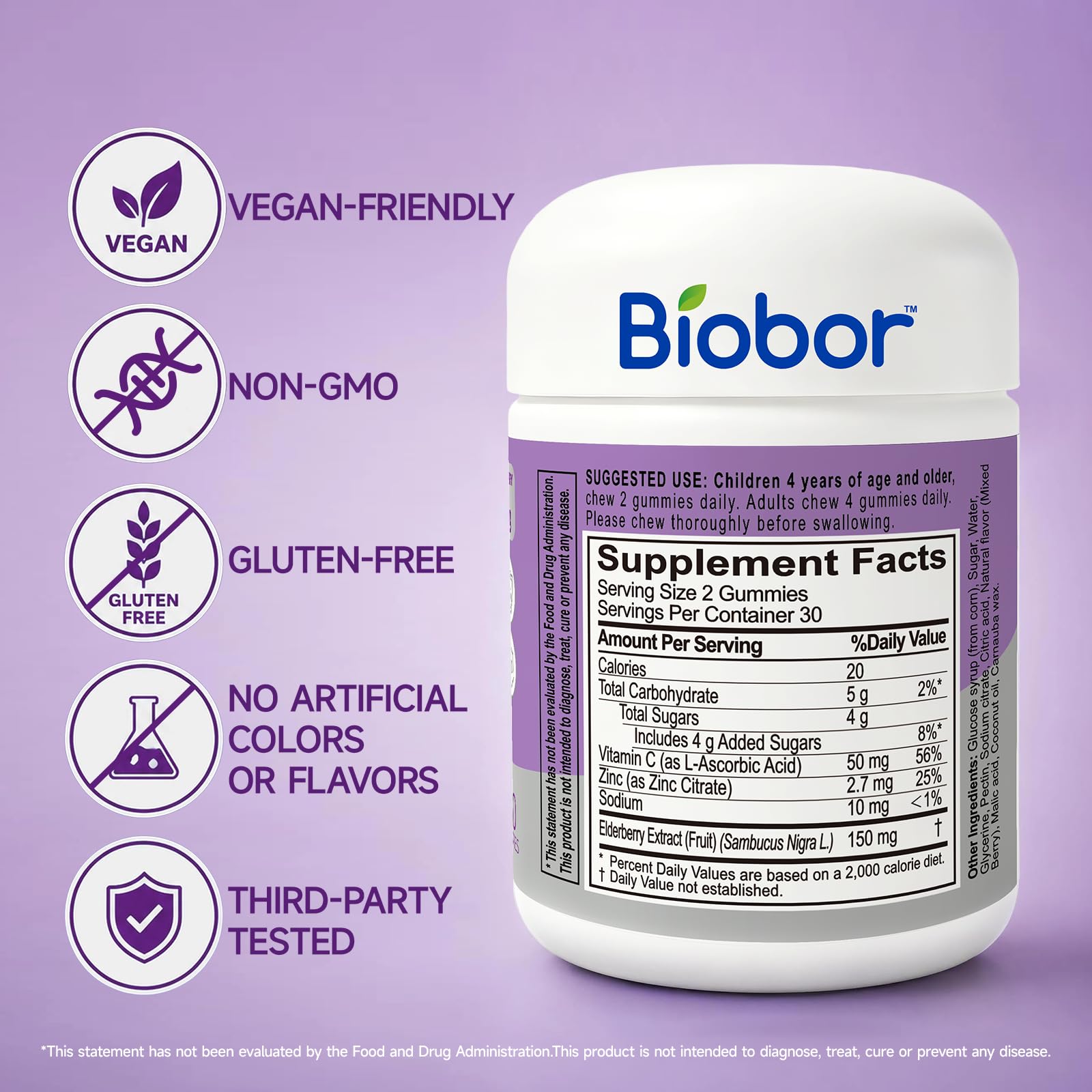Biobor Elderberry Gummies with Vitamin C & Zinc, 150mg Elderberry, 120 Ct — Amazon image 2