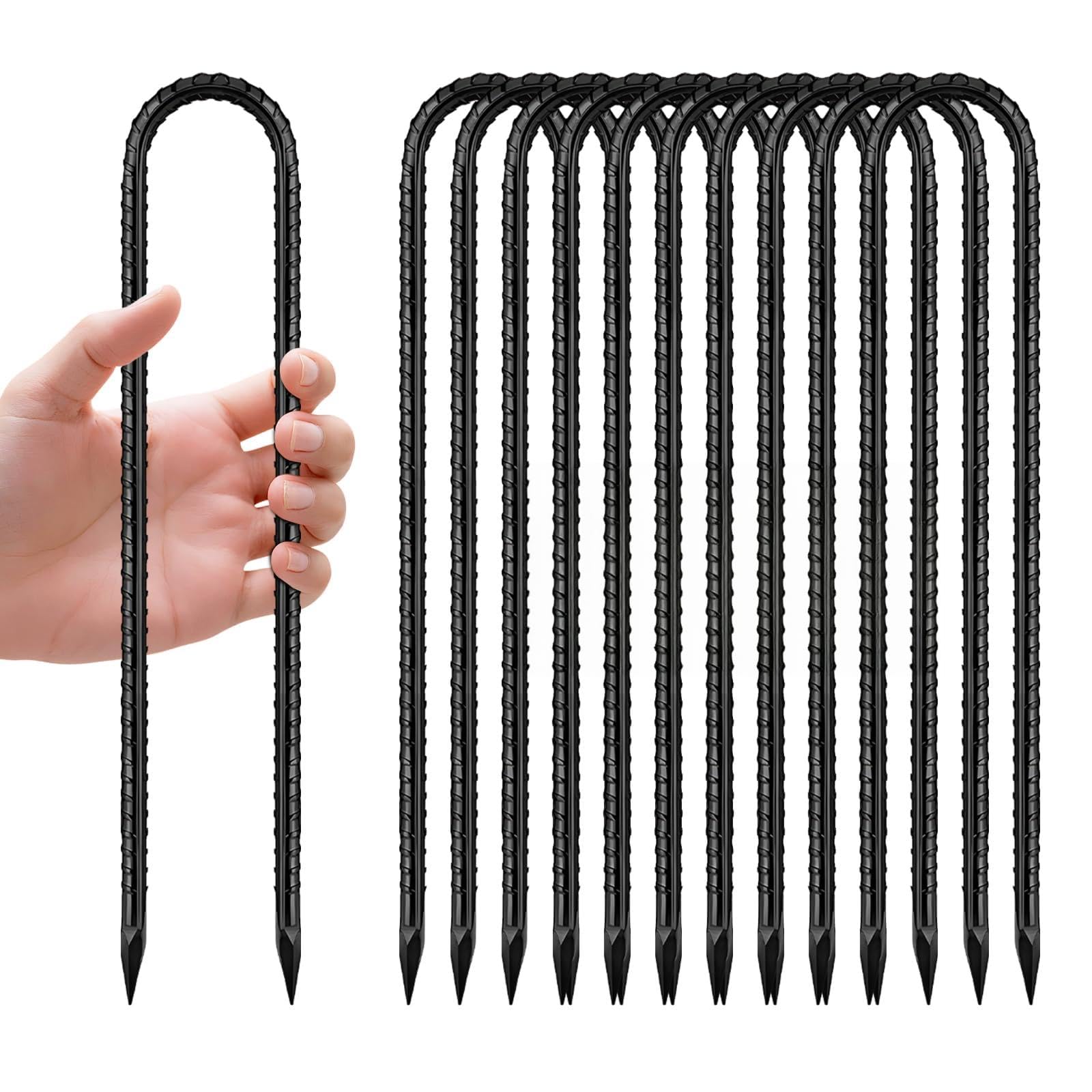 12 Inch Rebar Stakes, U Hook Ground Stakes 10 Pack Black Ground Anchors for Tent Heavy Duty for Plants Anti-Rust Landscape Fabric Artificial Turf