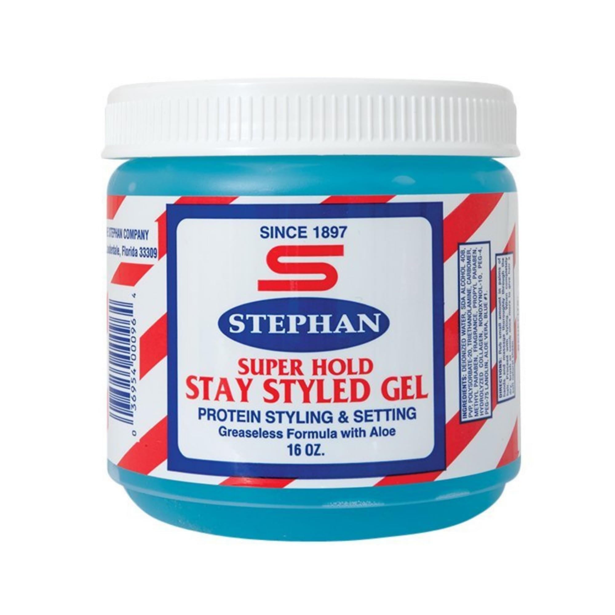 Stephan Stay Styled Hair Gel with Aloe Vera, Greaseless Firm Hold Men's Styling Formula, Flake-Free All-Day Control, 16 oz Jar