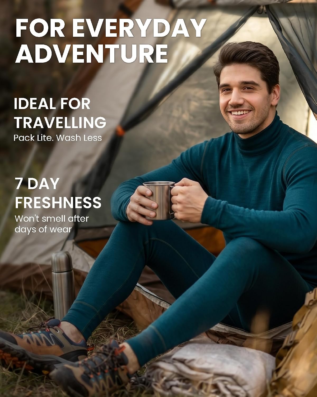 100% Merino Wool Base Layer Mens Set - Turtleneck Thermal Underwear, Socks