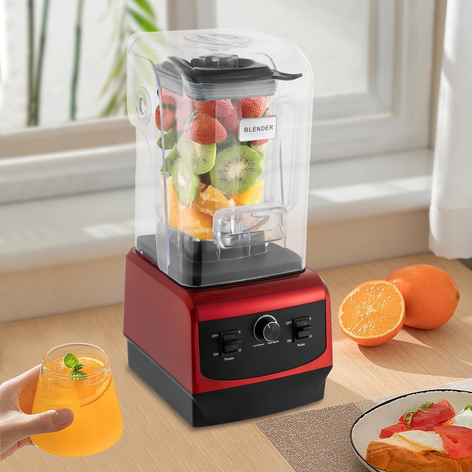 Unnsiapit Professional Blender for Kitchen, 2200W Electric Commercial Countertop Blender Milkshake Mixer, Mixed Drink Smoothie Maker for Home Restaurant, Speed Control, 2.2L/0.6Gal Cup, Red