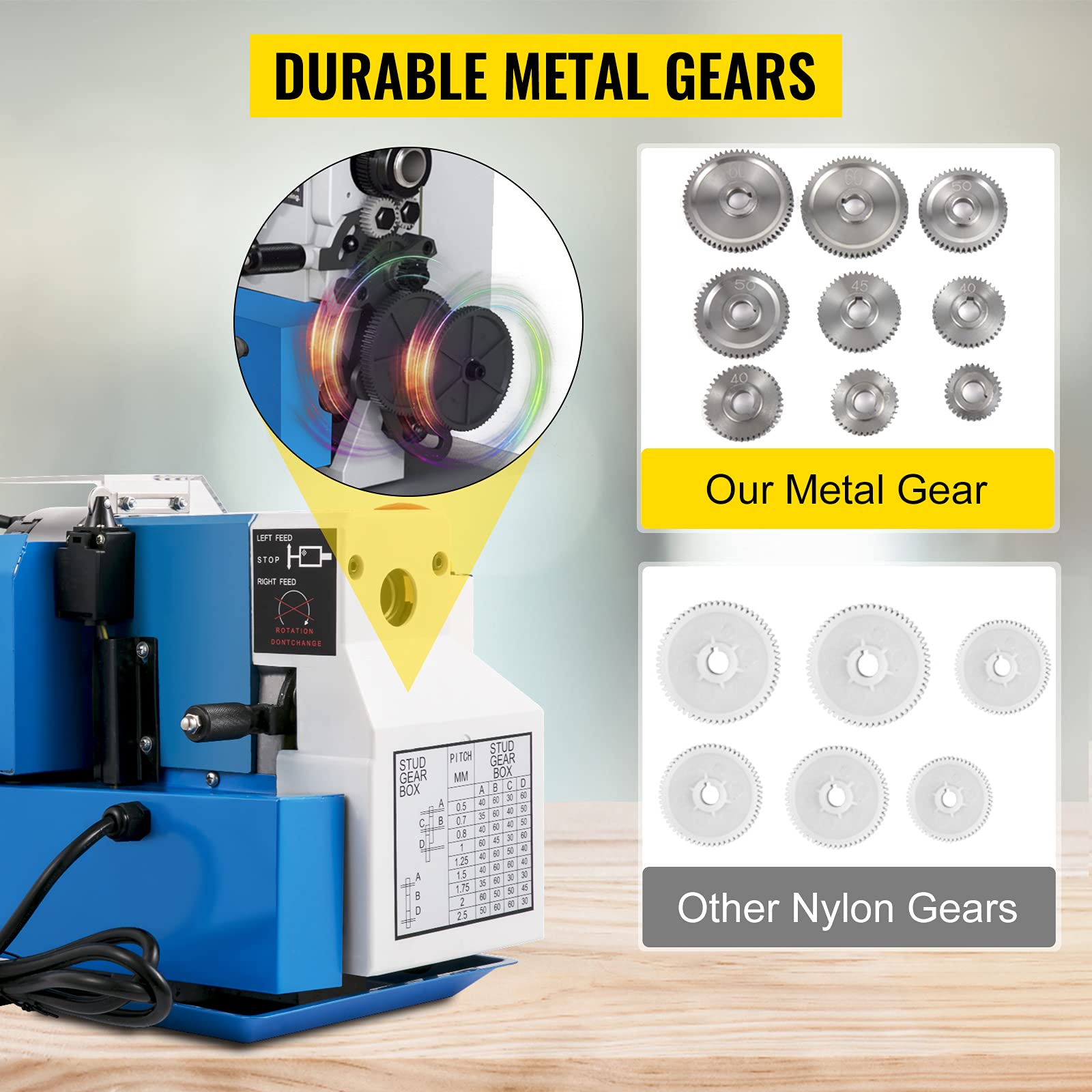 550W Mini Torno Paralelo de Metal 180x350mm de Alta Precisión con Portabrocas de 3 Mordazas y Velocidad de Husillo 50-2500 rpm para Roscado, Torneado y Taladrado (Engrane Metálico)
