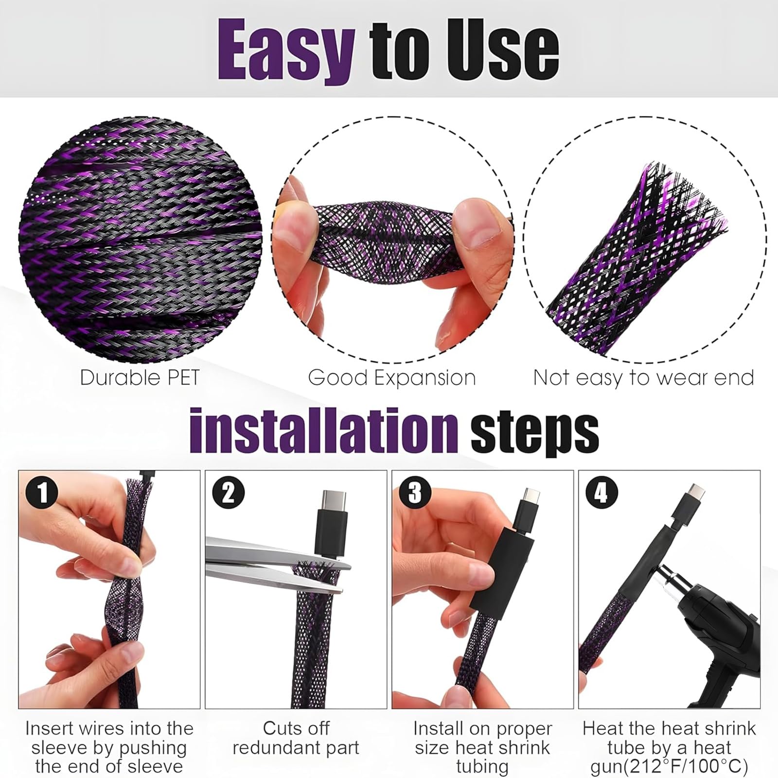 Tatuo Guaina intrecciata espandibile da 46 m, multi dimensione, con 240 tubi termorestringenti per televisione, audio, cavi video, animali domestici, 1/4", 2/5", 1/2", 3/4" (viola)