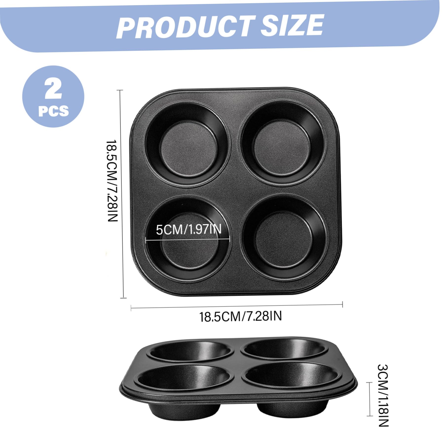 2PCS Air Fryer Muffin Pan, 4-Cavity Non-stick Small Muffin Pan, Easy to Clean Carbon Steel Mini Cupcake Molds for Countertop Air Fryer Toaster Oven, Cupcake Tins Moulds