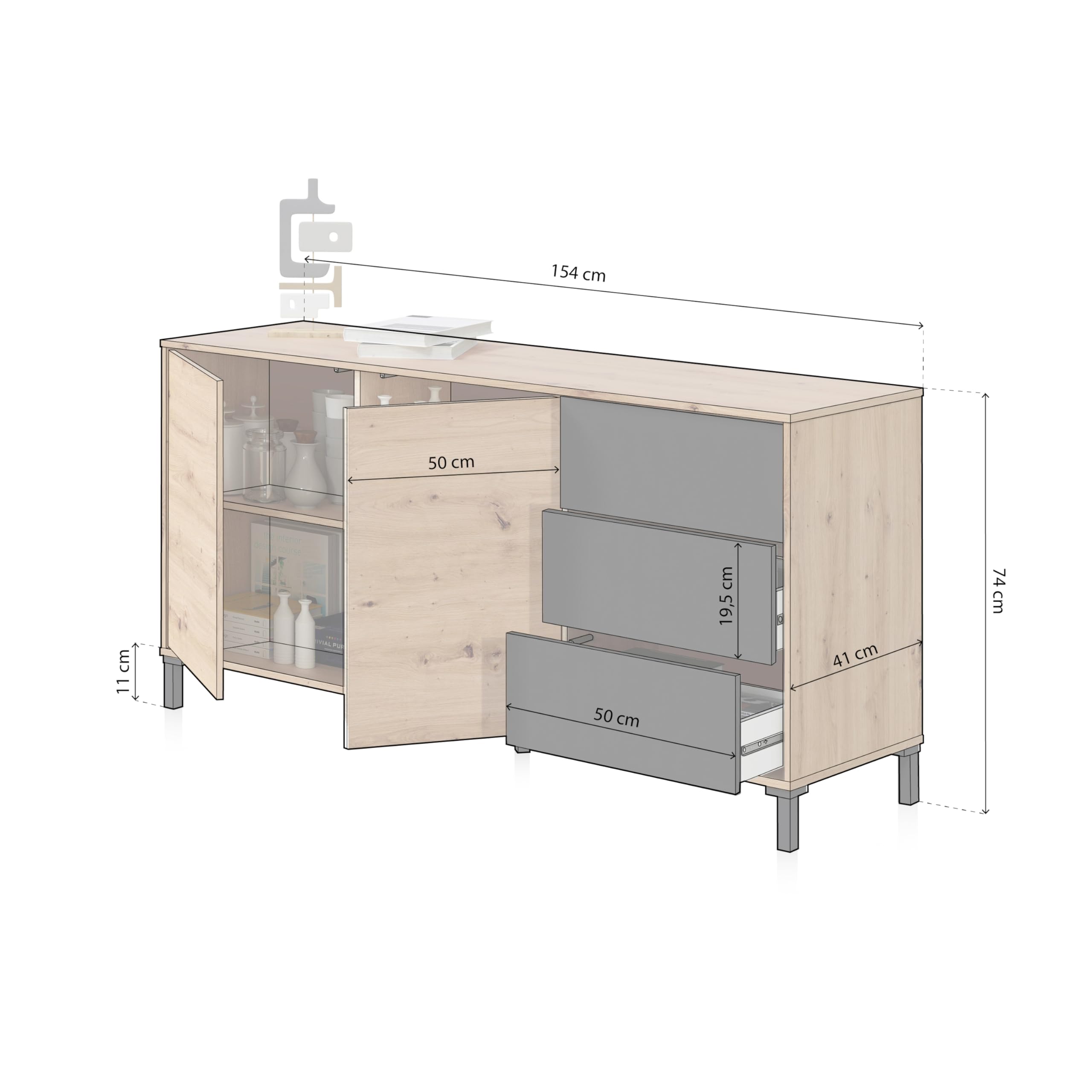 duehome | Aparador 2 Puertas y 3 Cajones, Buffet para Salon, Modelo Lea, Acabado en Color Roble Nodi y Gris Antracita, Medidas: 154 cm (Ancho) x 74 cm (Alto) x 41 cm (Fondo)