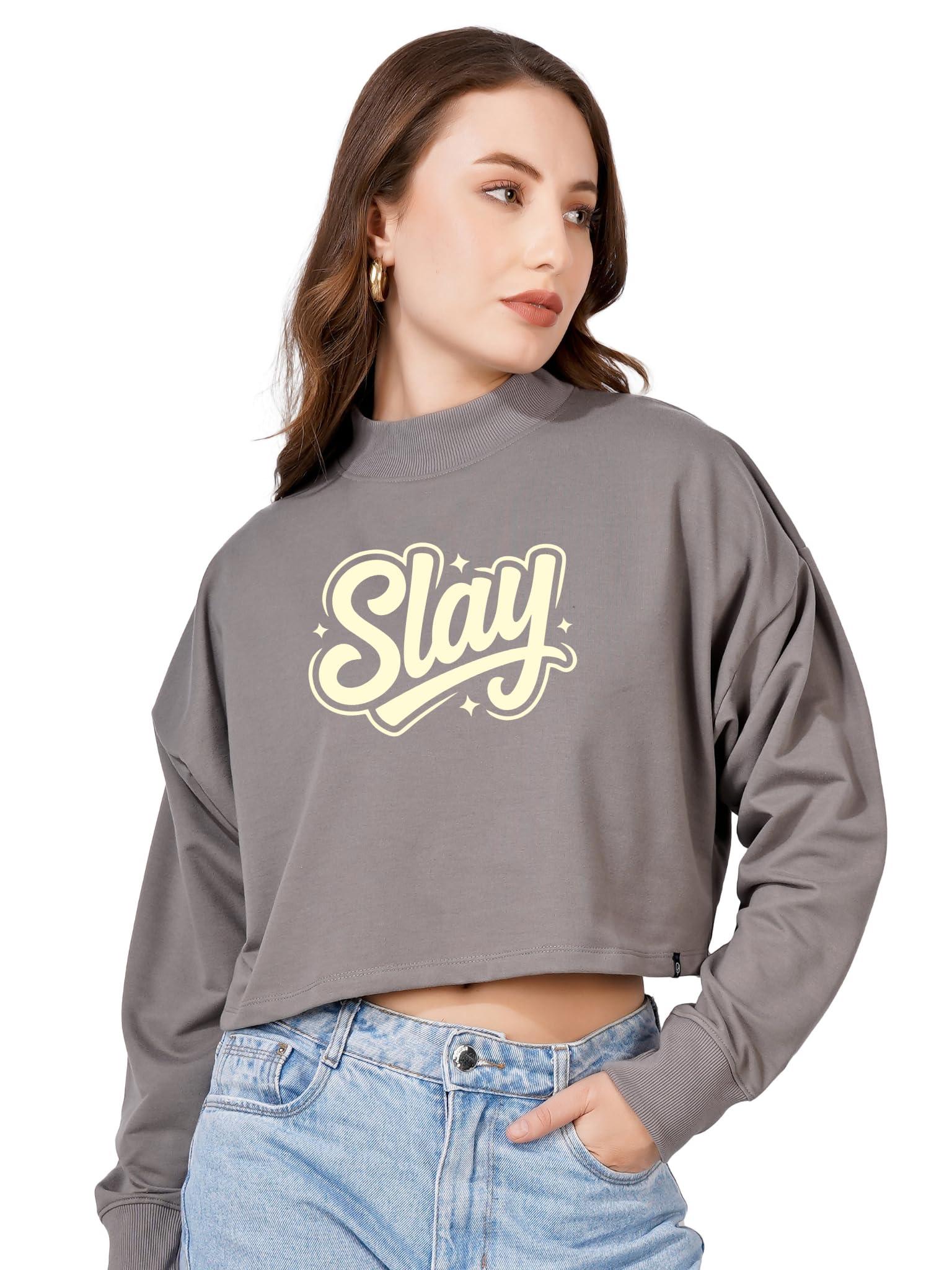 Women Cotton Blend Crop Sweatshirt with Slay Print | High Neck Graphic Pullover | Trendy Winter Casual Wear for Women & Girls-picture-30