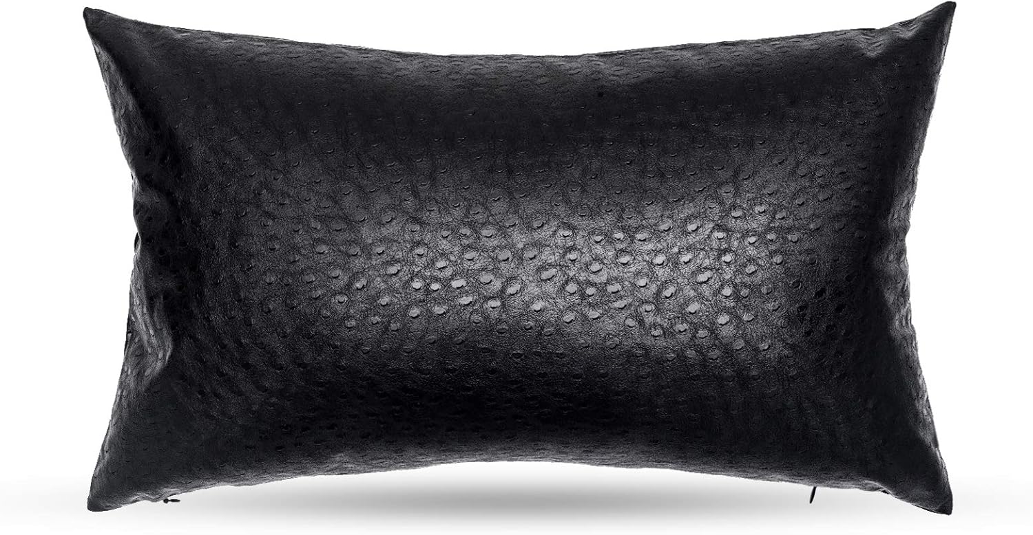 Black Ostrich Skin Faux Leather Pillow Cover - Sofa Cushion Case - Decorative Modern Throw Covers for Living Room & Bedroom - 12x20 Inches - Black Pack of 1 Ostrich Skin Black 20" x 12" (Pack of 1)