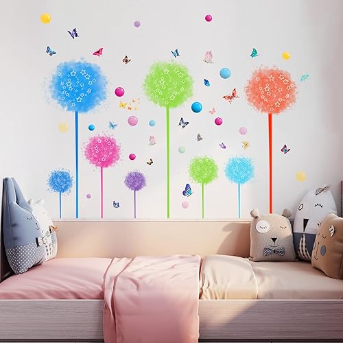 Miniatura 4 de Juego de 2 calcomanías de pared de flores silvestres de diente de león, calcomanías de arte para pared, diseño de mariposas florales, decoración