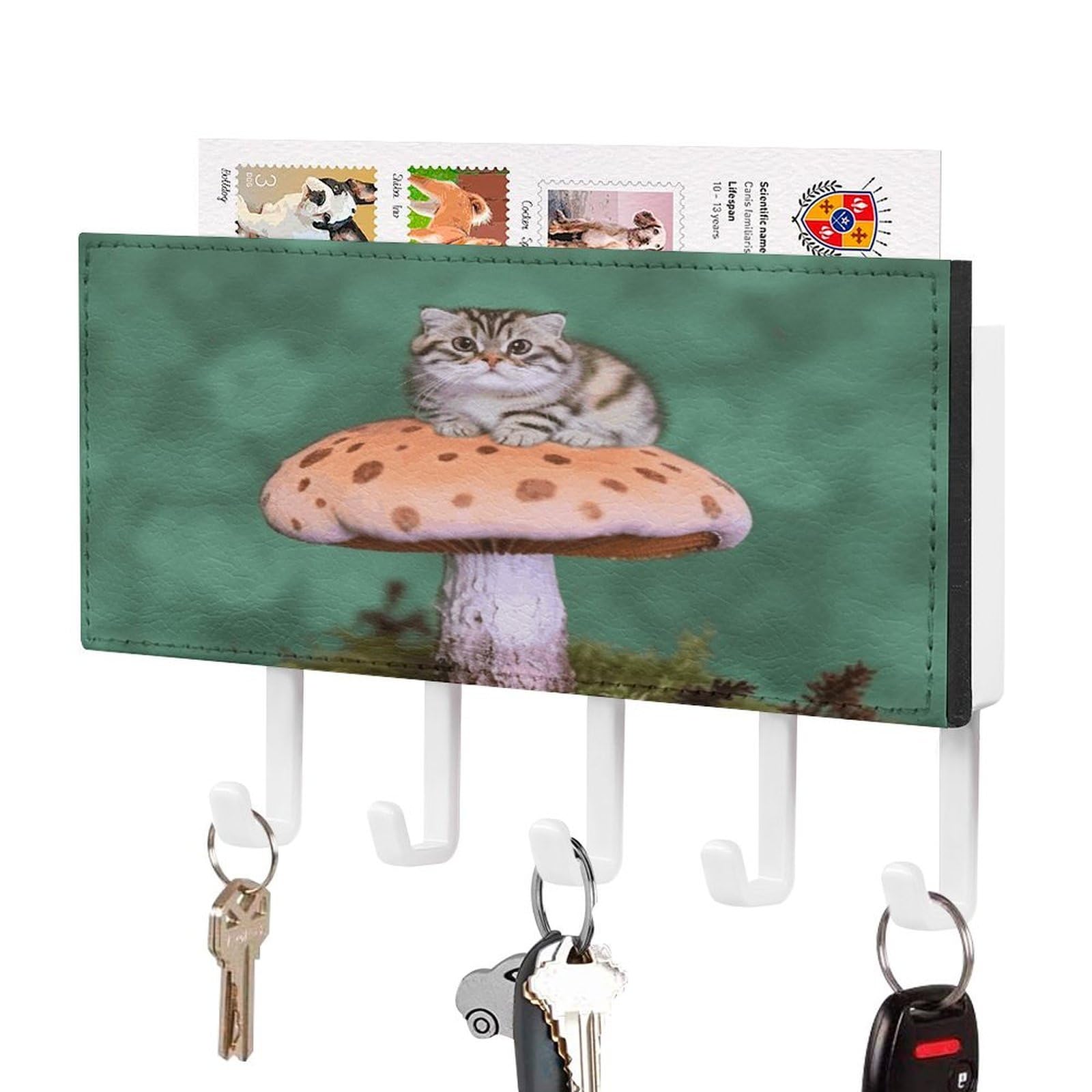 Fekiloot White-Style Cat On Mushroom Key Holder Wall Mount Key And Mail Holder Key Hanger With 5 Hooks Decorative Pu Key Rack Hanging Key Hooks For Wall Living Room Kitchen Bathroom Hallway