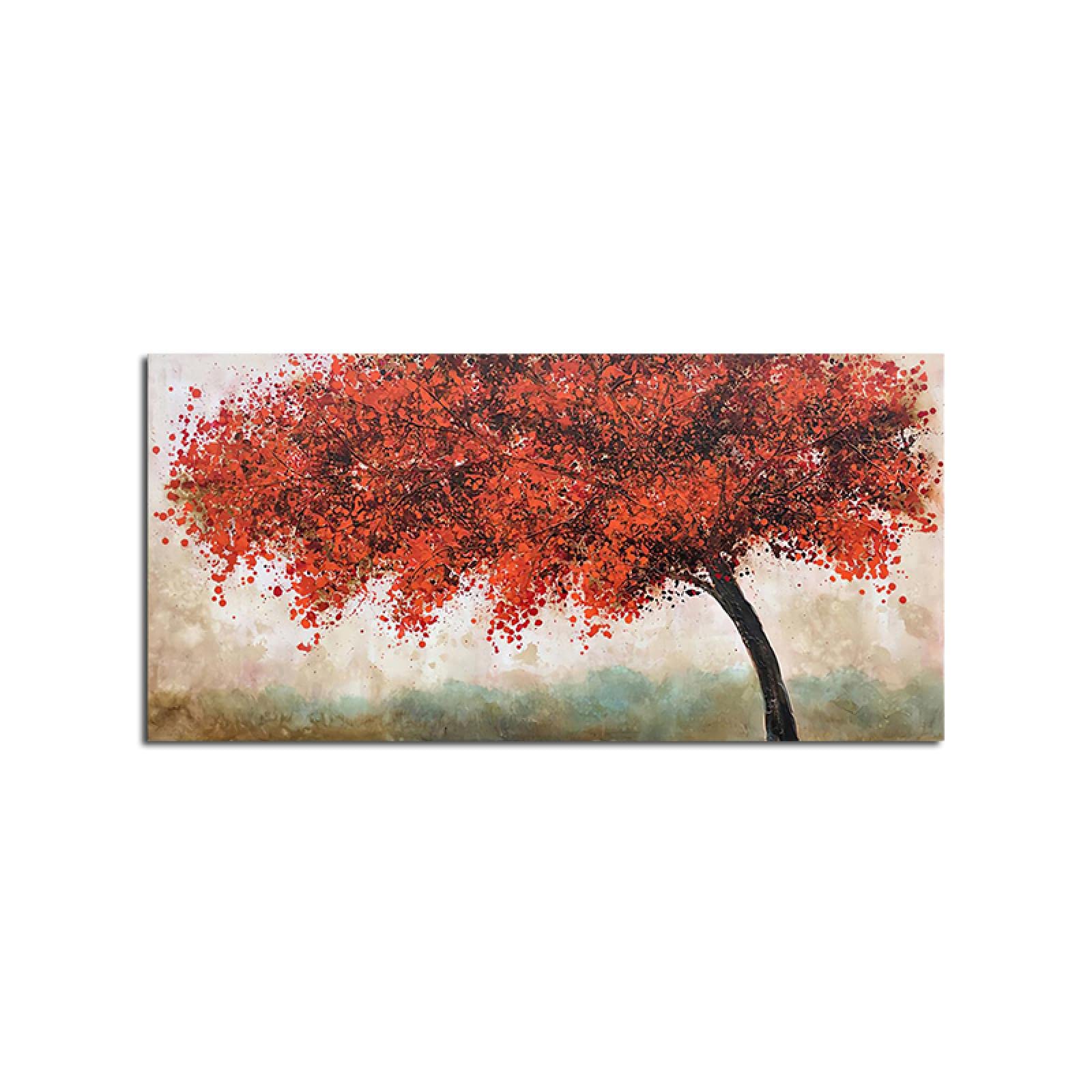 秋の絵「赤い木」。不織布キャンバスプリントの森。現代の居間の壁の装飾の絵画. 吊るすことができます60x120cm  (23.7x47.3in)のフレームの中