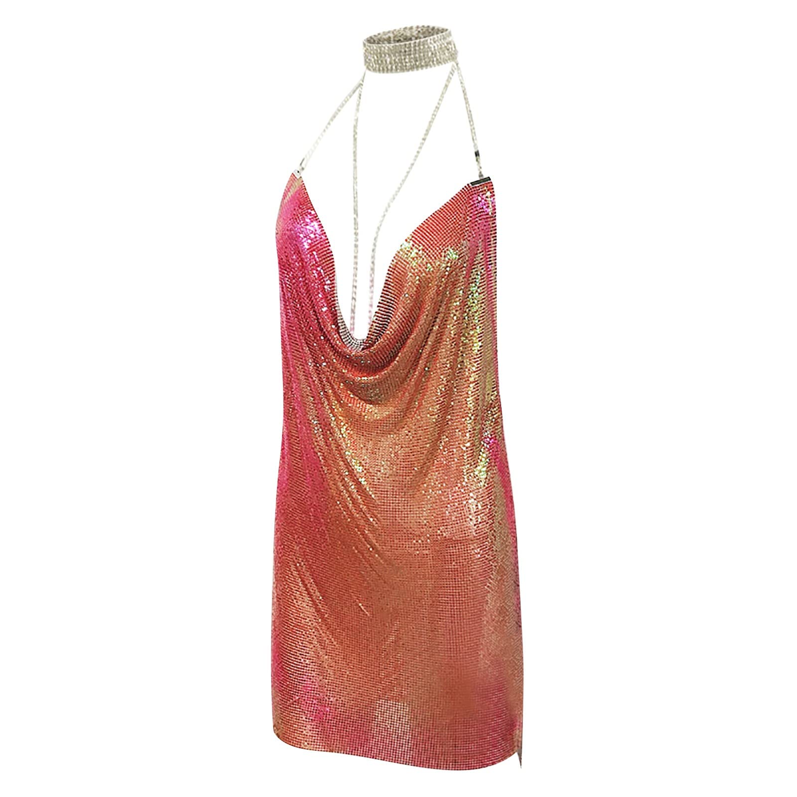 QWUVEDS Elegante vestido de verano para mujer, vestido de lentejuelas metalizadas, sexy, dulce, picy, para mujer, con strapas, vestido sexy