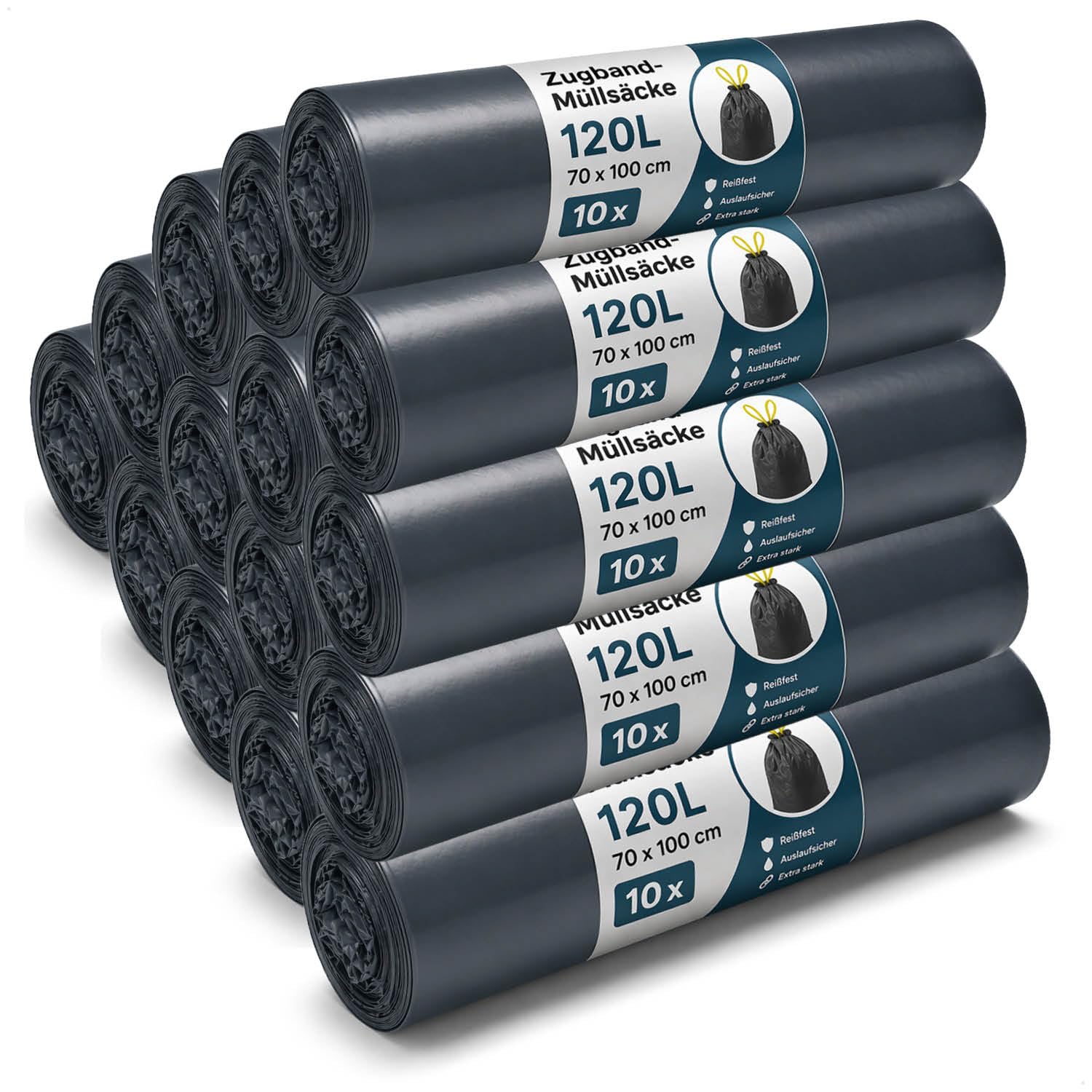 com-four® 200x Müllsäcke 120L mit Zugband, reißfeste Müllbeutel 70 x 100cm