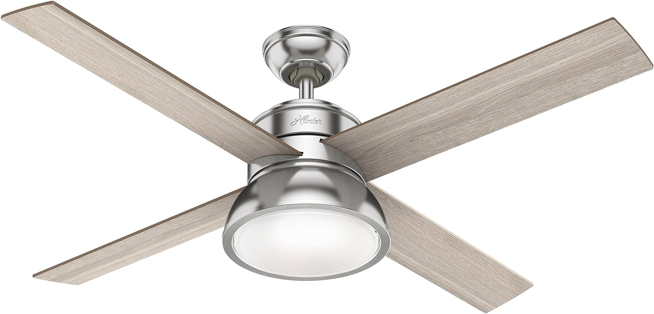 Fan Loki, 132 cm, Indoor Ceiling Fan with Light and Handheld Remote, Brushed Nickel Finish, 4 Reversible Blades in Light Gray Oak and Natural Wood, Ideal for Summer or Winter, Model 50424