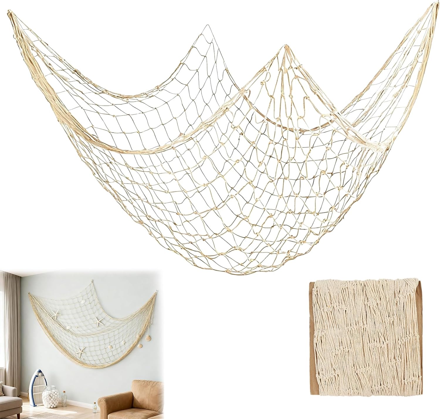 Decorative Fishing Net 100 x 200 cm Beige Mesh Net High Quality for Maritime Wall Decoration, Weddings, Photography and Indoor and Outdoor Events, Fishnet Decoration