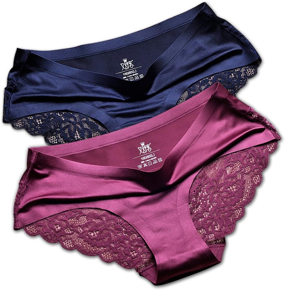 Women's 2 Pack Seamless Panties Women Underwear Sexy Lingerie Brief Satin Silk Panty Blue-purple