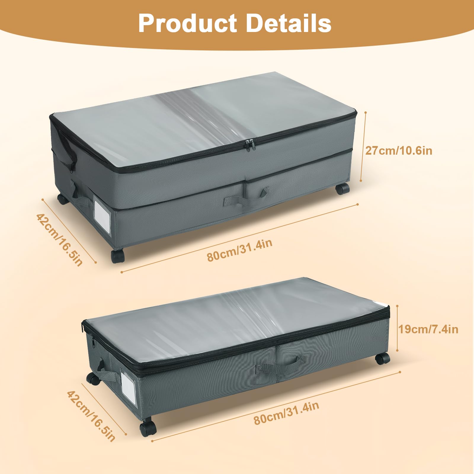 Cassettiera sotto il letto regolabile con ruote, 63 – 90 l, XXL, con 3 maniglie, contenitore con coperchio, in tessuto per vestiti, scarpe, biancheria da letto
