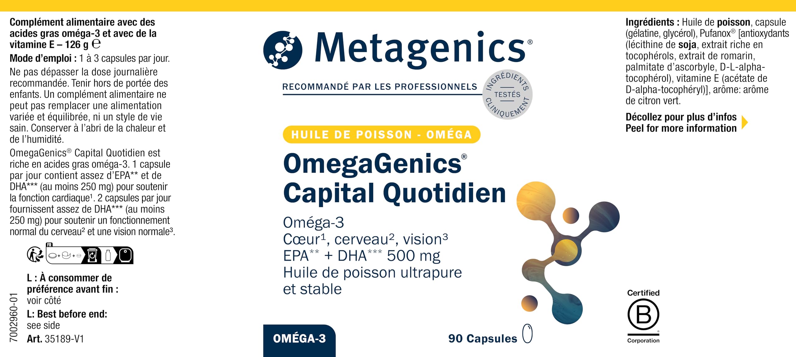 Metagenics OmegaGenics Capital Quotidien, Oméga 3 EPA DHA, 90 Gélules | Les oméga-3 EPA et DHA contribuent à une fonction cardiaque normale. Le DHA contribue au fonctionnement normal du cerveau.