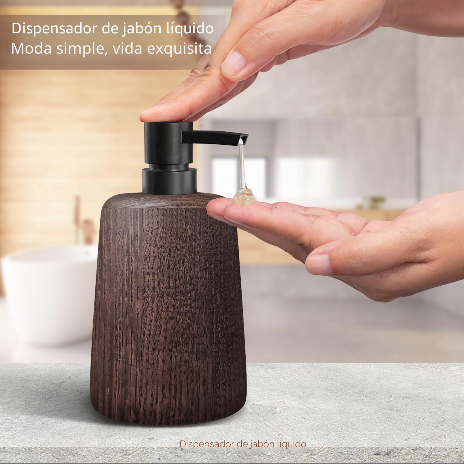 Dispensador de jabón hecho a mano de madera marrón oscuro, bomba de plástico, decoración elegante de baño, bomba de loción recargable, botella de ducha, fondo antideslizante, duradero y