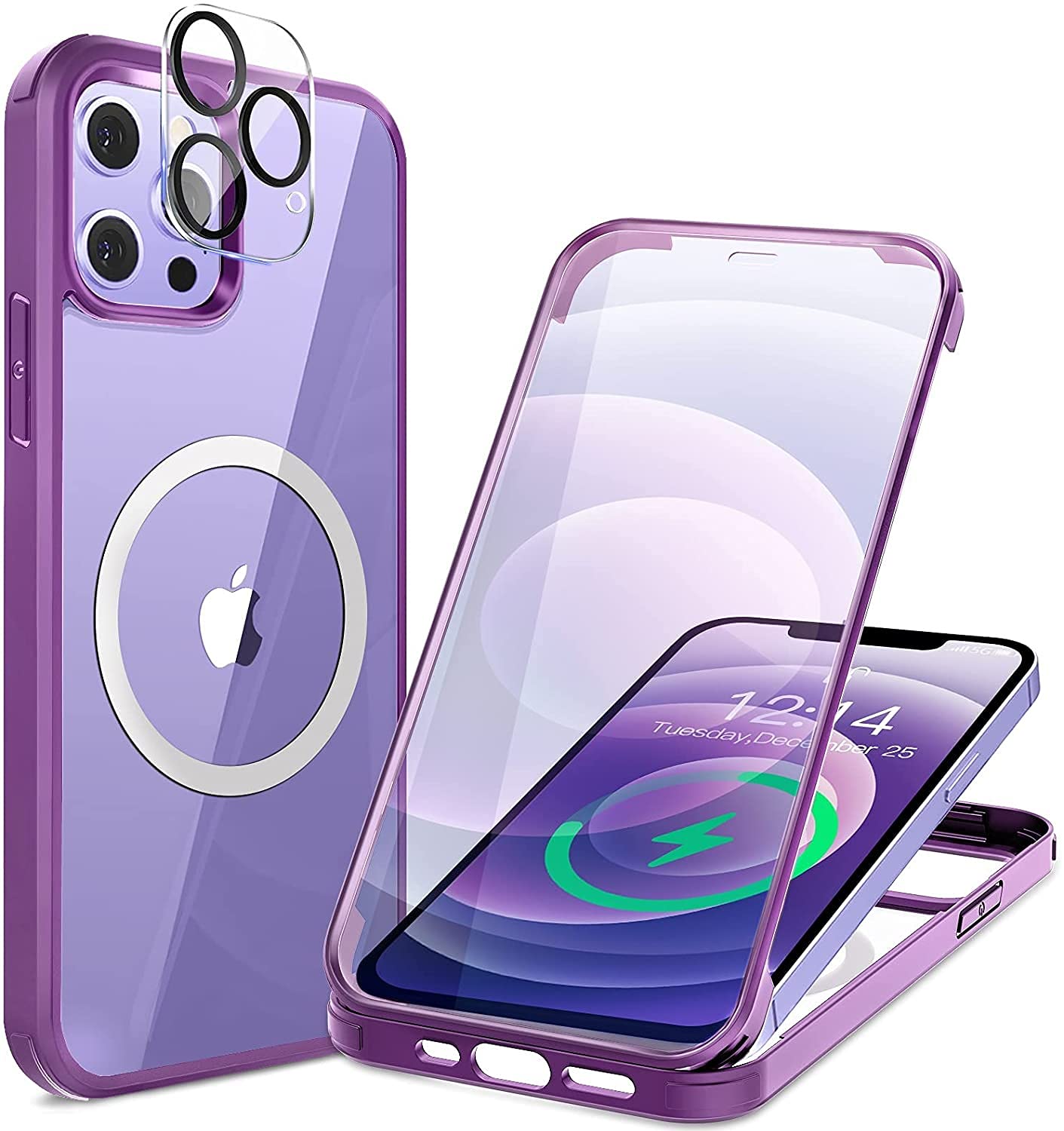 HAUTRKBG iPhone 11 用 ケース クリア 両面強化ガラス 全面保護 [MagSafe対応] [カメラフイルムを贈] マグセーフ ワイヤレス充電対応 米軍MIL規格取得 耐衝撃 アイフォン 11 透明 マグセーフ ケース・スマホケース iPhone 11 人気 6.1インチ(パープル)