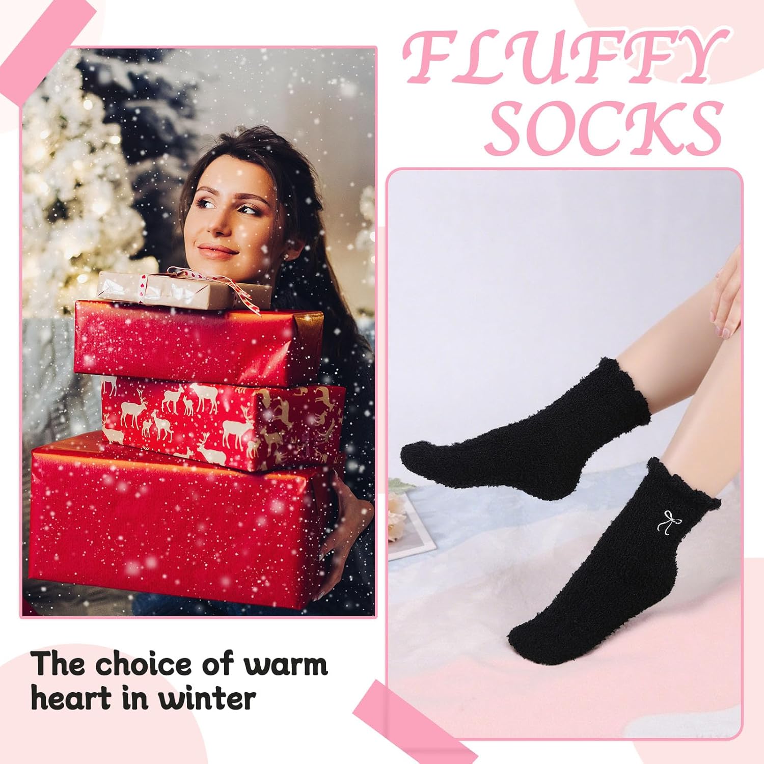 Jspupifip 6 Pairs Women Bow Fuzzy Socks Fluffy Cozy Soft Slipper Sock Warm Winter Thick Home Sleeping - Image 5