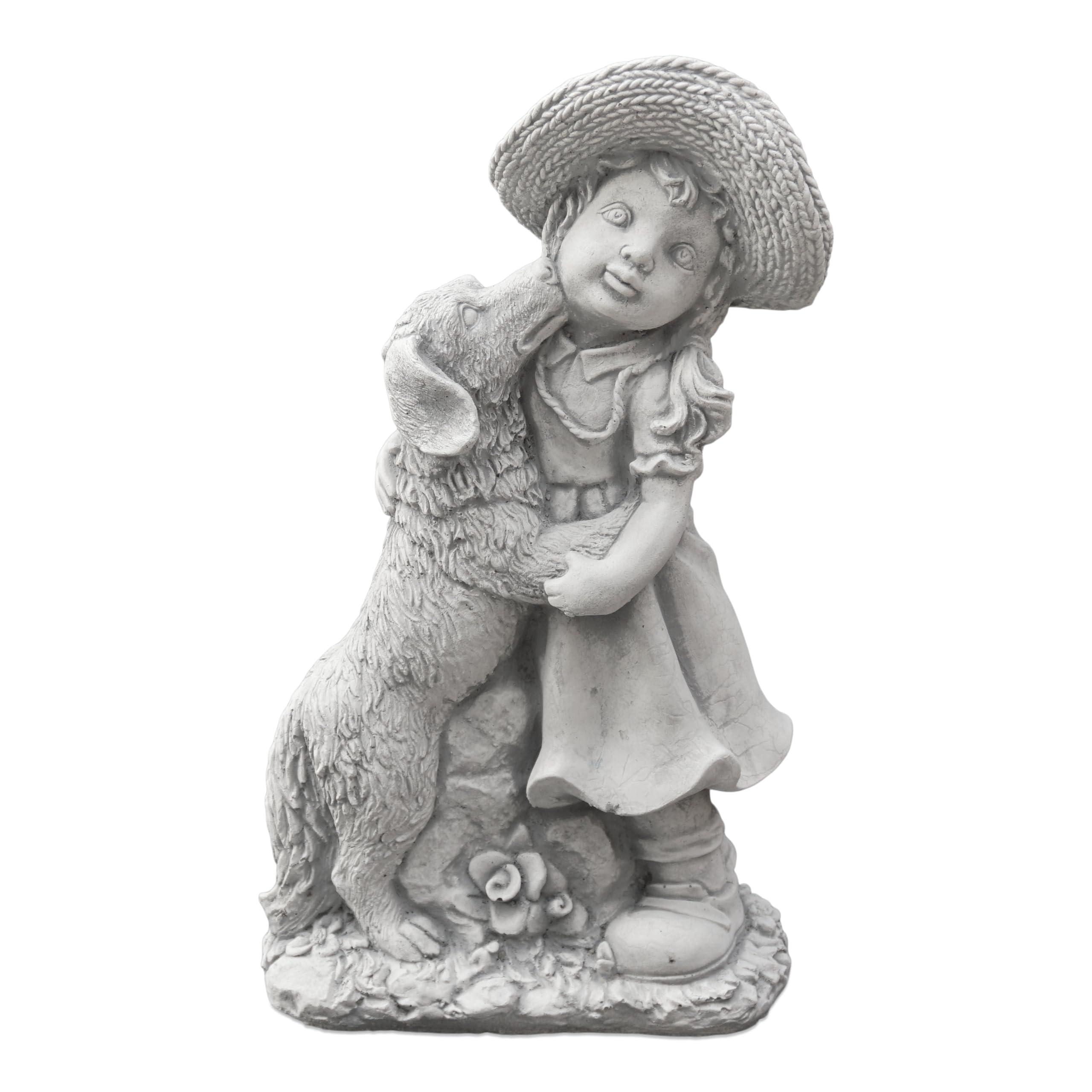 gartendekoparadies.de Mädchen mit Hund, Steinfigur H. 47 cm, 13 kg, Grau, frostsicher aus Steinguss für Außenbereich
