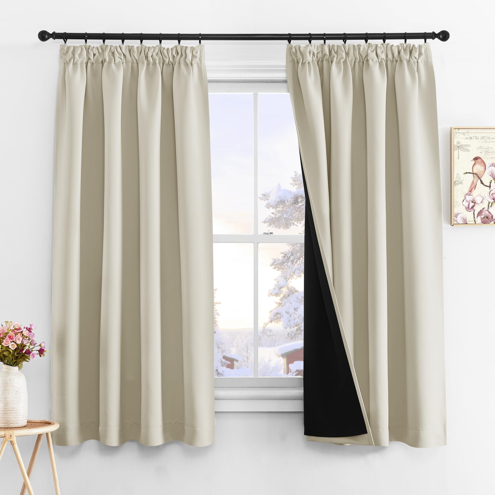 PONY DANCE 100% Blackout Curtains Cortinas Opacas Termicas Aislantes Frio y Calor 2 Piezas Cortinas Salon Cortas para Riel con Ganchos Cortinas Opacas Aislantes Luz, 140x160 CM, Beige Claro