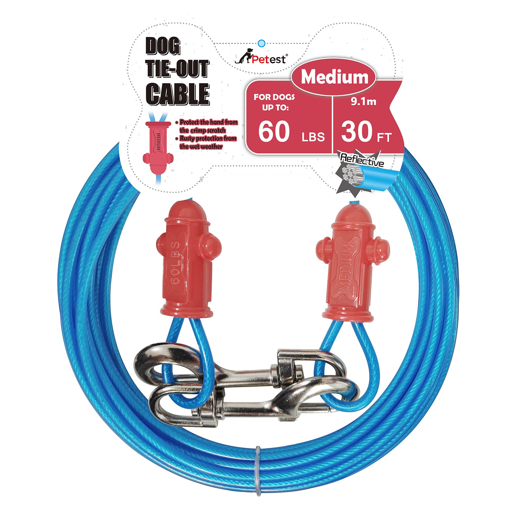 Petest Reflective Tie Out Cable with Crimp Cover for Medium Dogs Up to 60 Pounds, 30 Feet