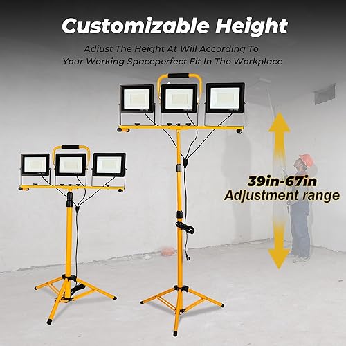 Miniatura 5 de Yaoledly Luces de trabajo de 225 W 22500 lúmenes con soporte, luz de trabajo LED de tres cabezales con interruptor individual, cable de alimentación