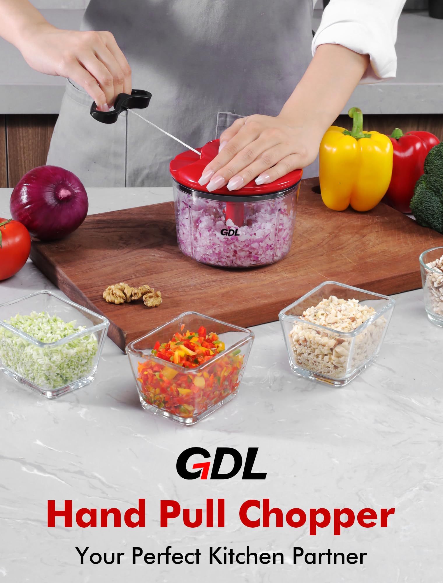 GDL Lebensmittelzerkleinerer, Zwiebelschneider zum Ziehen, handbetriebener Fleischwolf, schnelles Schneiden, Handzerkleinerer für Oinon, Knoblauch, Nuss, 3,4 Tassen 0,8 l, Rot