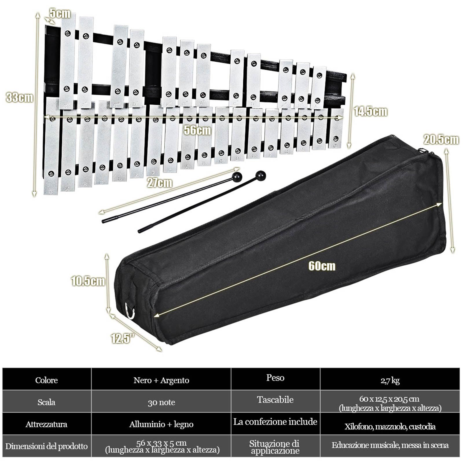 COSTWAY Xilofono 30 Note Metallofono per Bambini Glockenspiel Pieghevole con Borsa e Bacchette