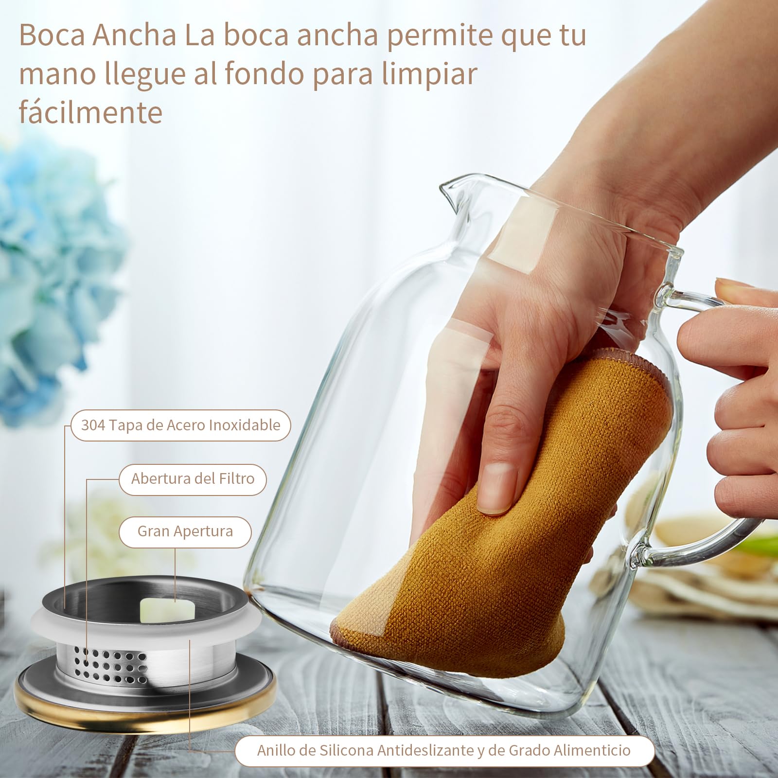 MESNEY Tetera de vidrio de 2 litros con infusor, vidrio de borosilicato resistente al calor, infusor de tetera para té suelto, colador y tapa 2 en 1, apta para estufa